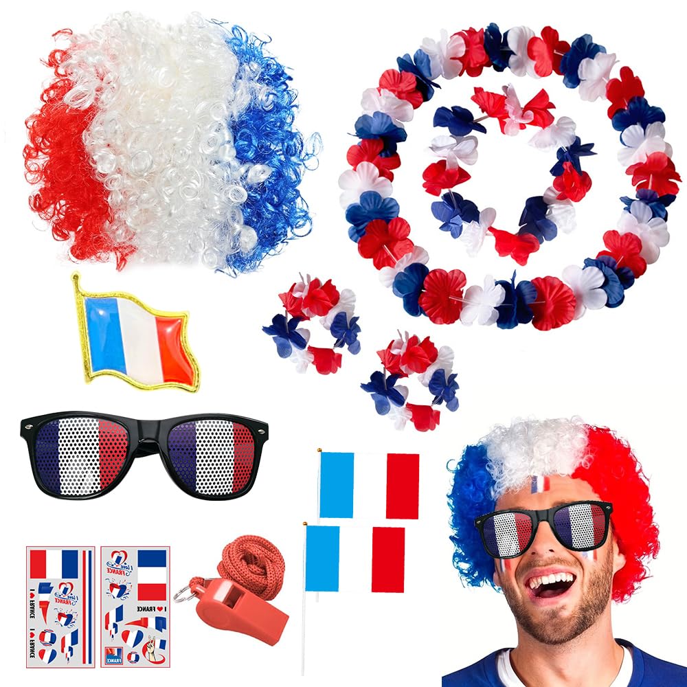 12 Pièces Kit Supporter Equipe de France, 1 Bandeau Perruque + 4 Couronne + 2 Autocollants Visages + 1 Lunettes + 1 Broche + 2 Tenant Un Petit Drapeau + 1 Sifflet