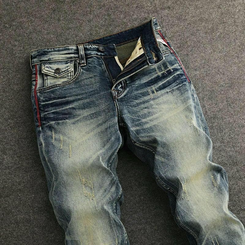 Mens Street Jeans Retro Washed Blue Stretch Slim Fit Ripped Jeans Men Pocket Designer Vintage Casual Denim Pants3