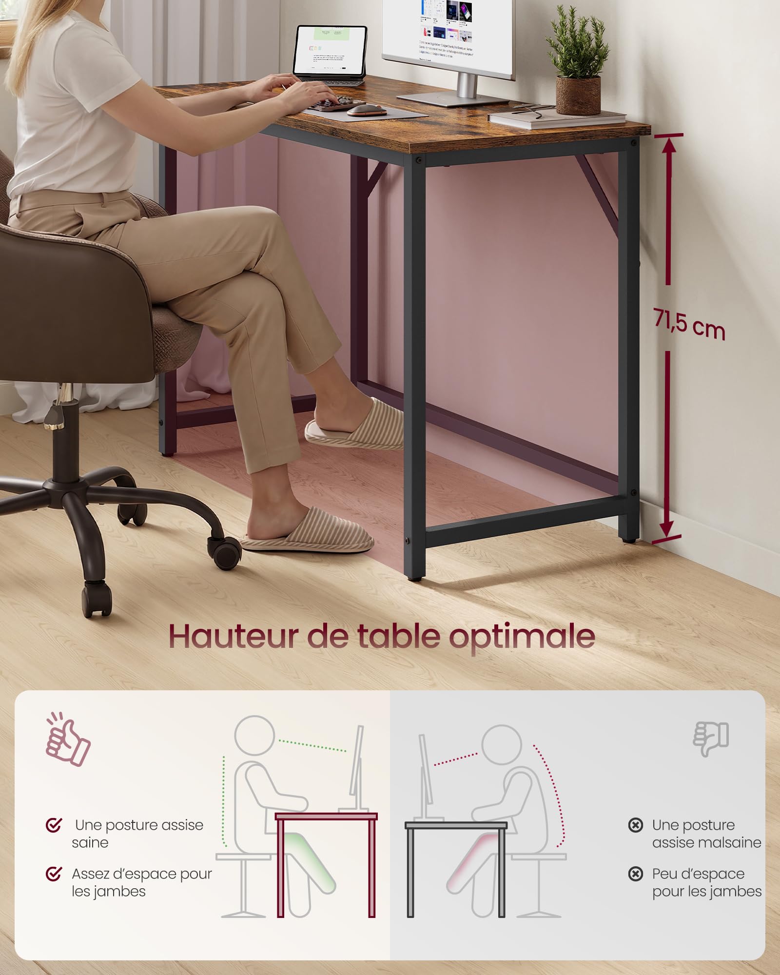 VASAGLE Bureau d'Ordinateur, Table, 50 x 100 x 76 cm, pour Bureau, Chambre, Salon, Cadre en Métal, Marron Rustique et Noir d'Encre LWD41XV1