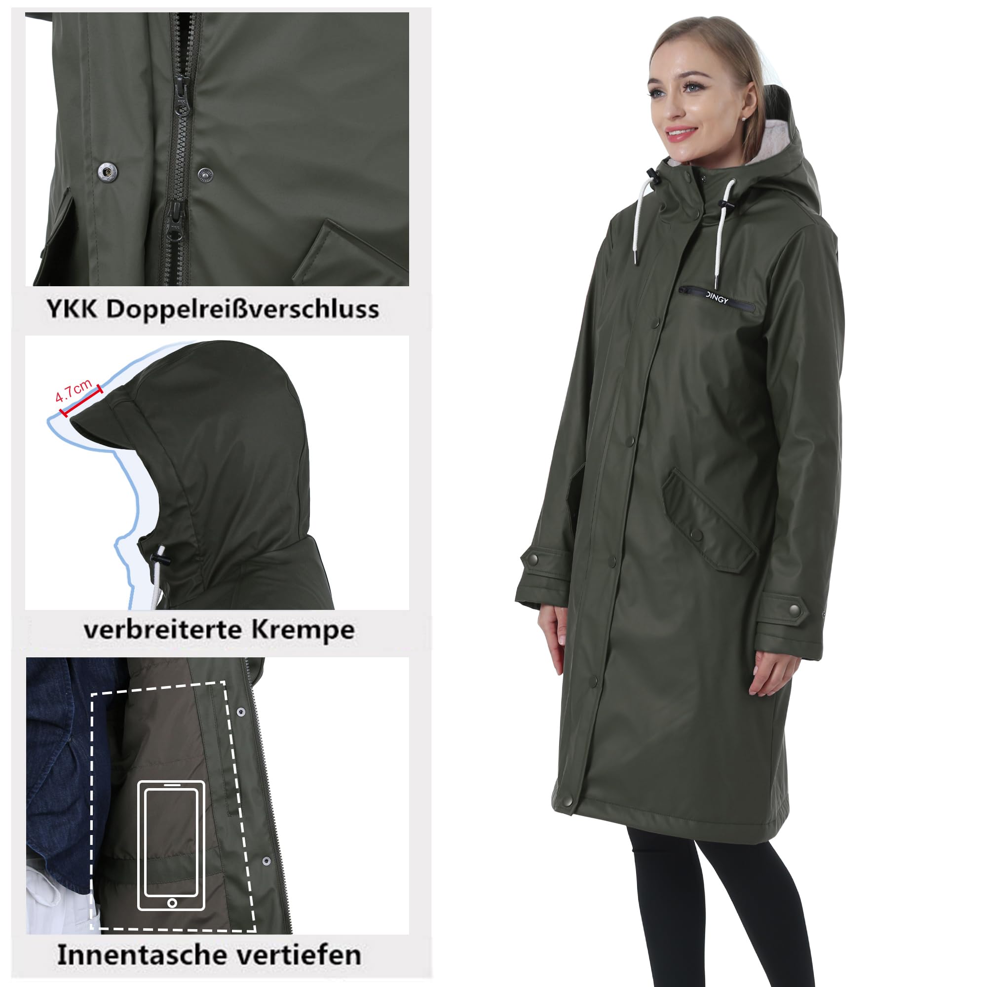 rhythm of the rain Regenmantel Damen wasserdicht Regenjacke gefüttert warm | Winterjacke, Wintermantel knielang, Friesennerz mit Kapuze, Herbst Winter winddicht warm, 2-Wege-Reißverschluss, Fahrrad