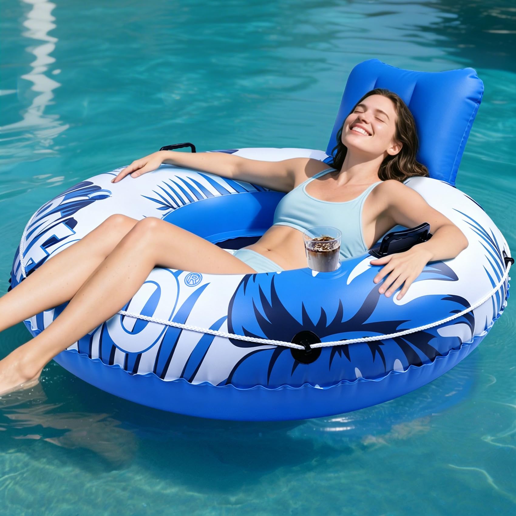 Flotadores de piscina para adultos, 53 pulgadas, 450 libras, tubos de río resistentes para flotar, resistentes con cuerda de agarre para reposacabezas, 2 portavasos y asiento de malla doble sellado