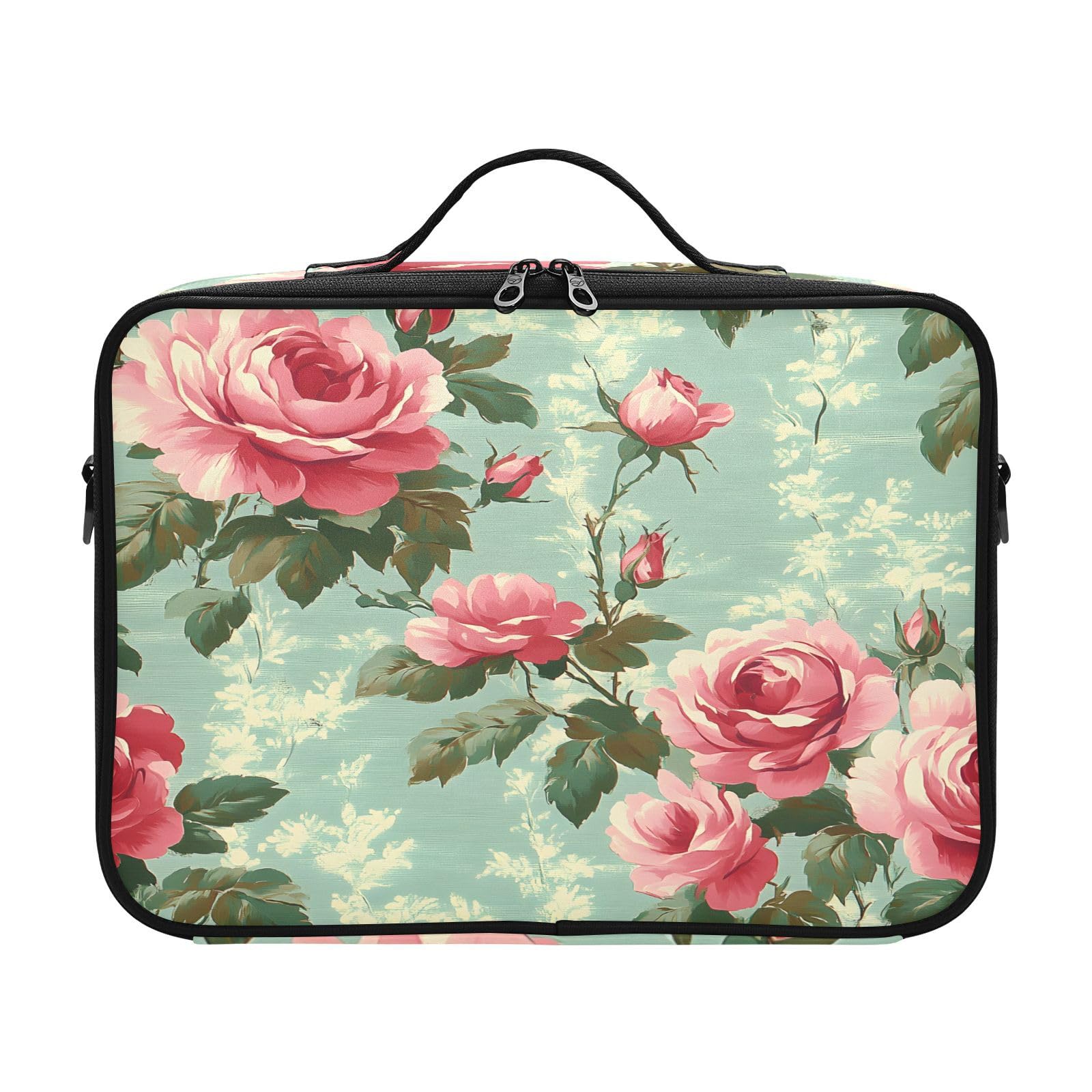zyrtty Travel Makeup Train Case Pink Rose Flower Red Pattern Cosmetic Organizer Portable Storage Bag with Adjustable Dividers for Cosmetics Brushes Toiletry Jewelry Digital Accessories