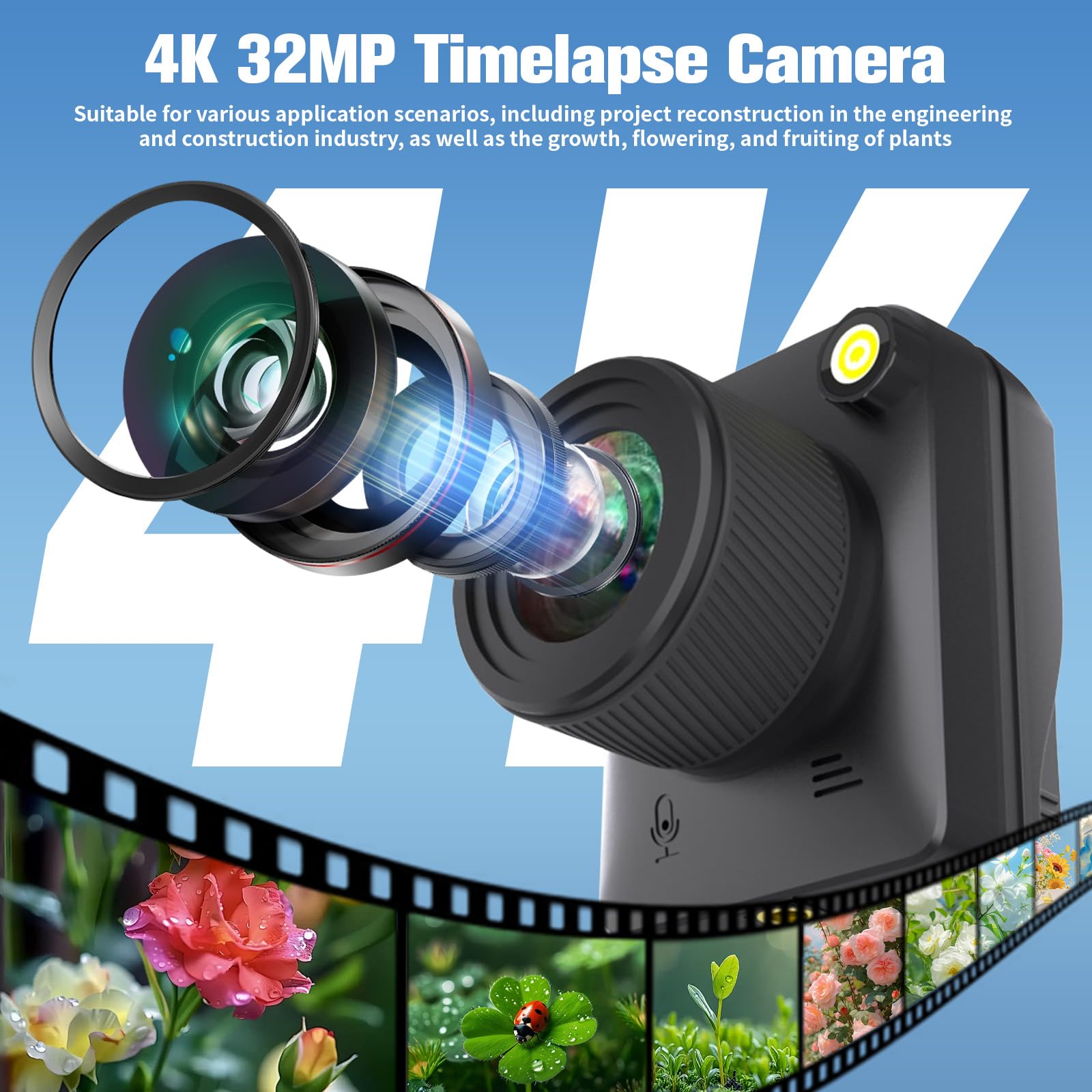4K Zeitraffer Kamera, 3200W, IP66 wasserdichte Zeitrafferkamera mit 6 Monate Akkulaufzeit, 64GB TF-Karte, 2 Zoll Kippbildschirm, Makroaufnahme, Für Die Aufzeichnung Bauarbeiten, Wetter und Pflanzen