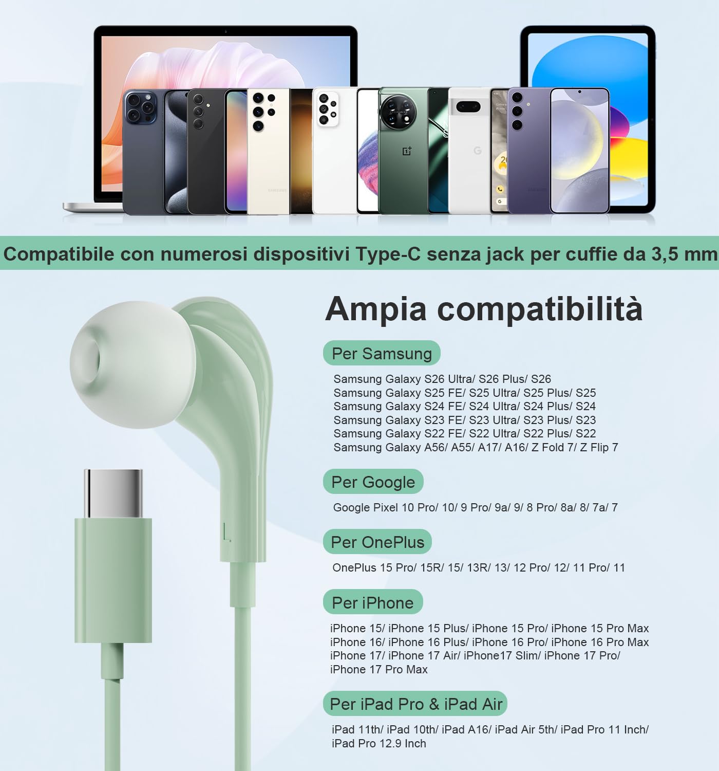Cuffie USB C per Samsung Galaxy S26 S25 Ultra S24 S23 A55 A53 A54 S56 A16 MagneticiAuricolari USB Type C HiFi Stereo Microfono con filo Cuffie Type C compatibile iPhone 15 16 Flip 4 Pixel 10 9 8 7