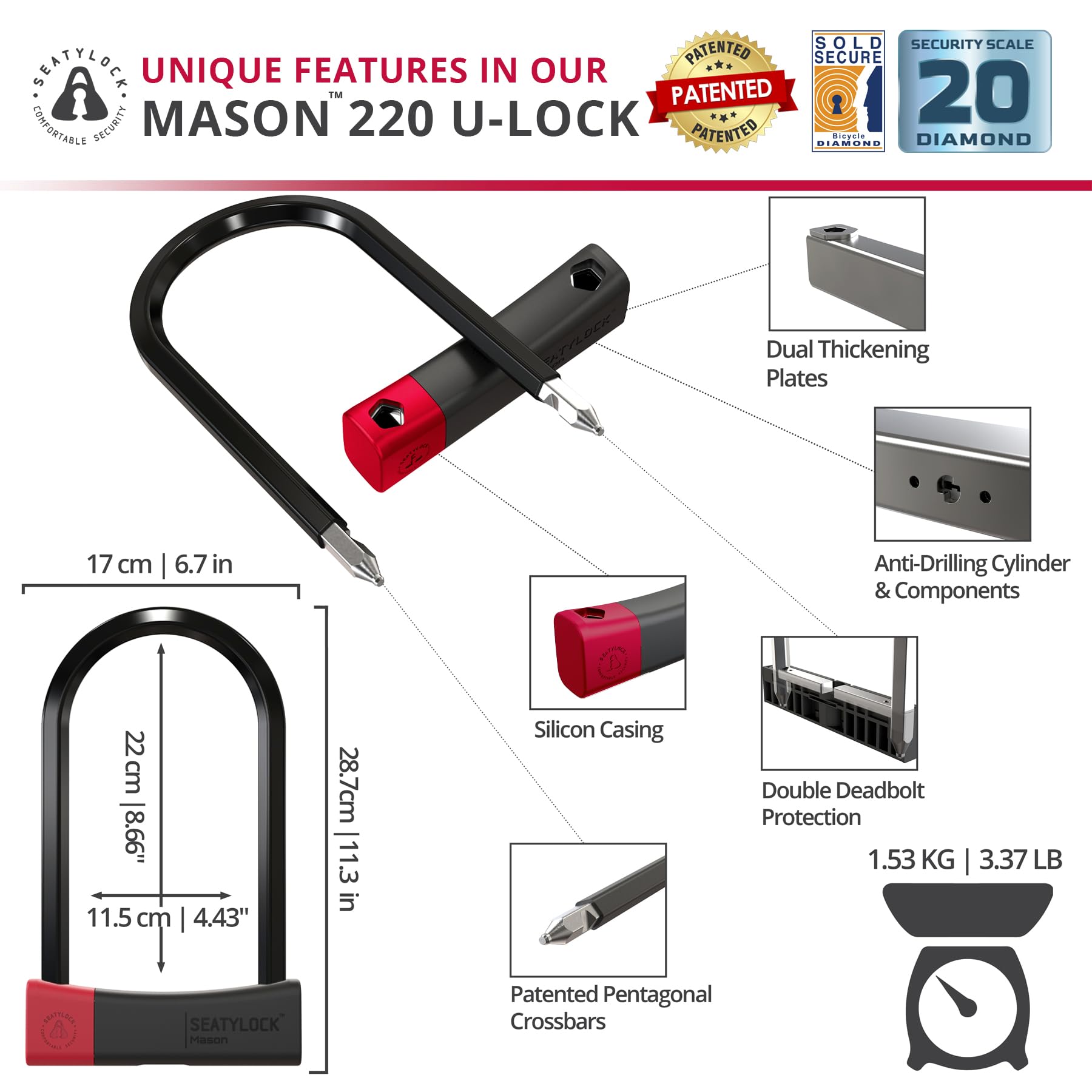 Seatylock Mason 140 Bike U Lock - World's Lightest Sold Secure Diamond Rated Anti-Theft U-Lock For City, Mountain & Electric Bikes (5.5 Inch)