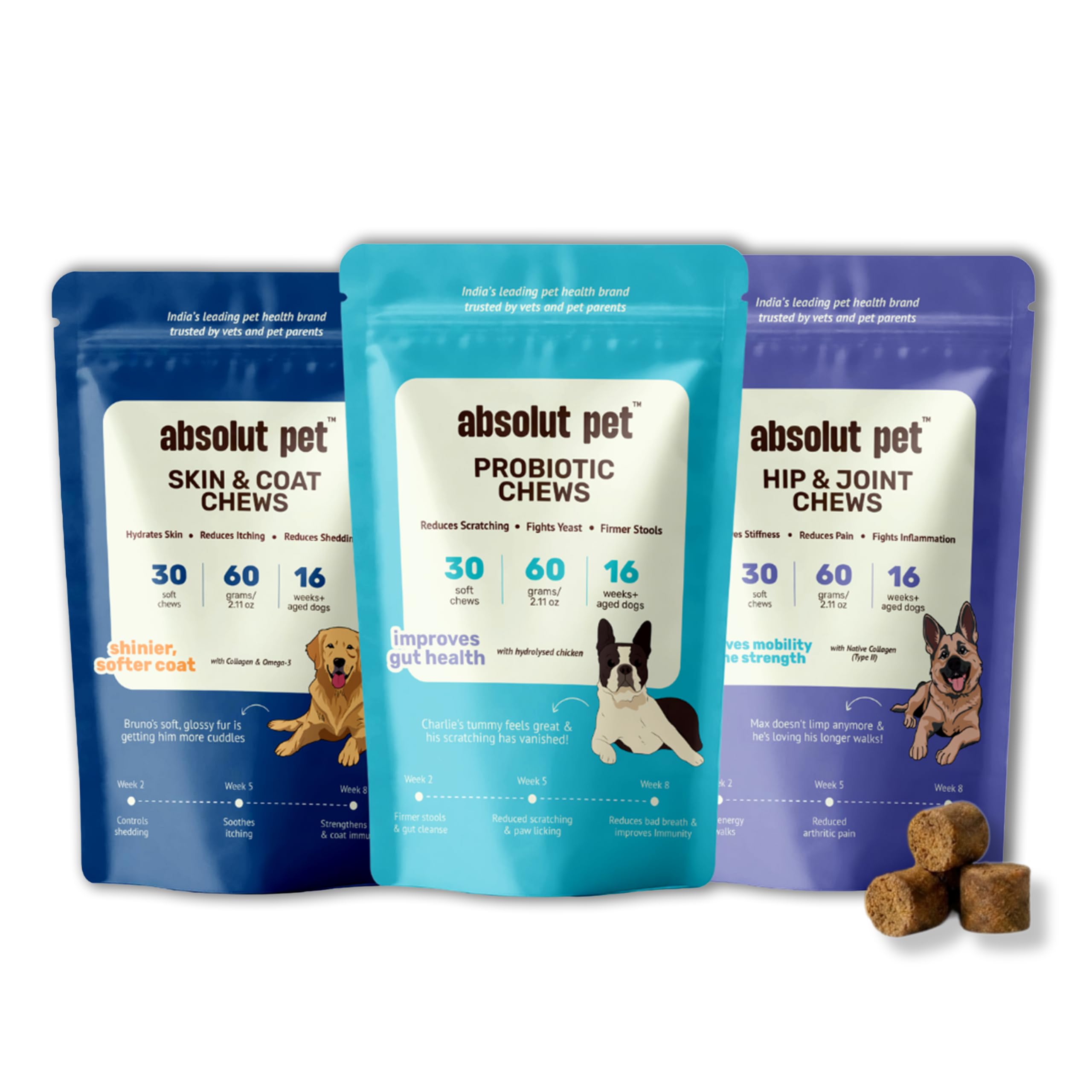 Absolut Pet Dog Chews Combo, Probiotic, Hip Joint, Skin Coat | 90 Chews