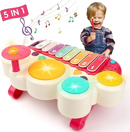 Juguetes musicales para bebés, 5 en 1, juego de batería para niños, teclado de piano electrónico, xilófono con luces, instrumentos musicales,