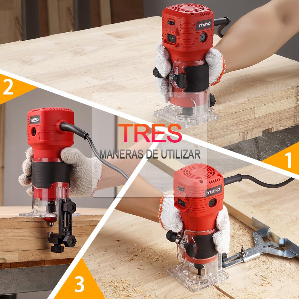 TEENO Fresadora De Madera Rebajadora Eléctrica 650W 15000-32000 RPM,Fresadora EléCtrica Para Madera Con 12 piezas 1/4'' Alicates, 6 Velocidades Variables, con Estuche de Transporte