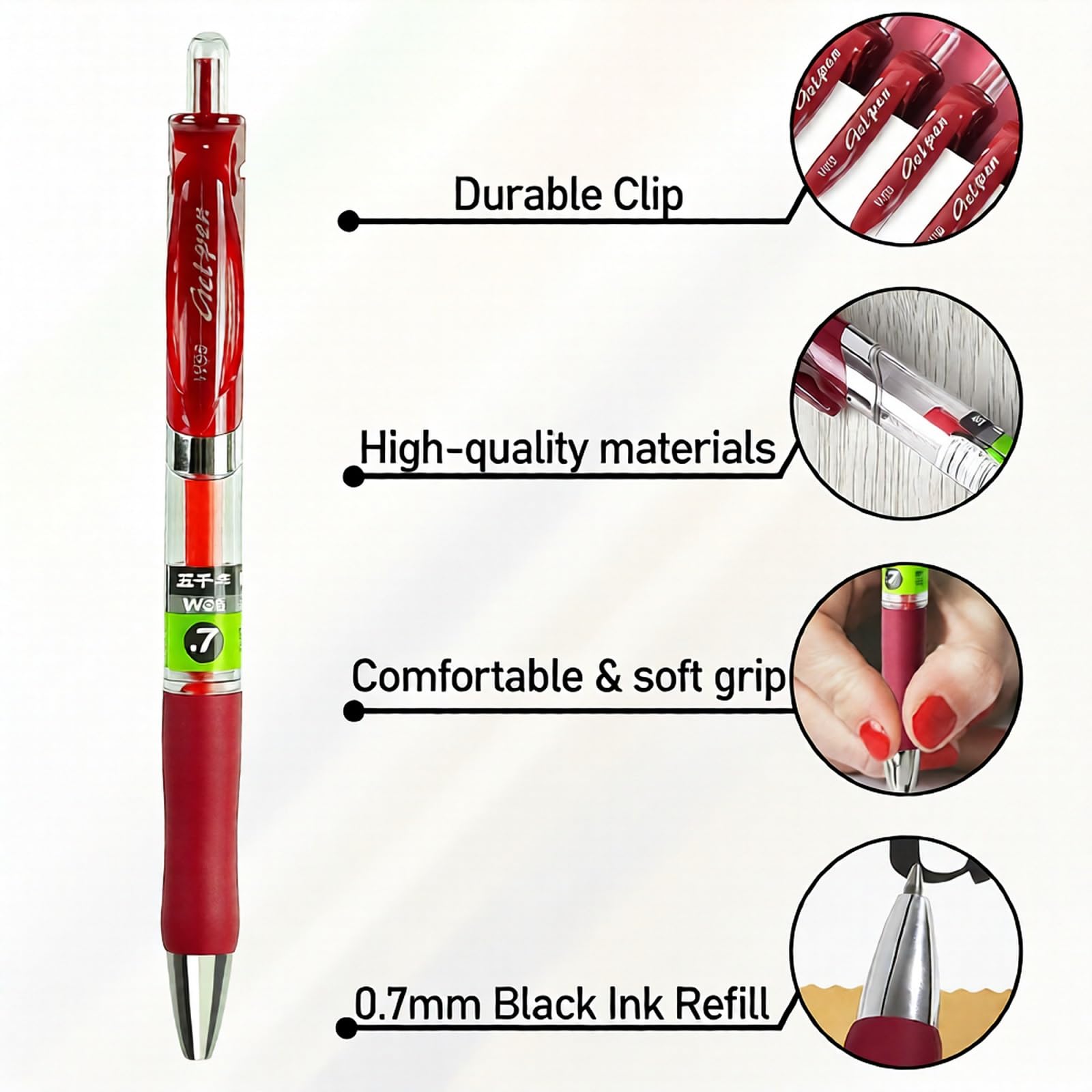 Lot de 12 stylos à encre gel lisse à séchage rapide pour homme et femme, stylos à bille de 0,7 mm pour écrire, journal, bureau, école, maison et travail (rouge)