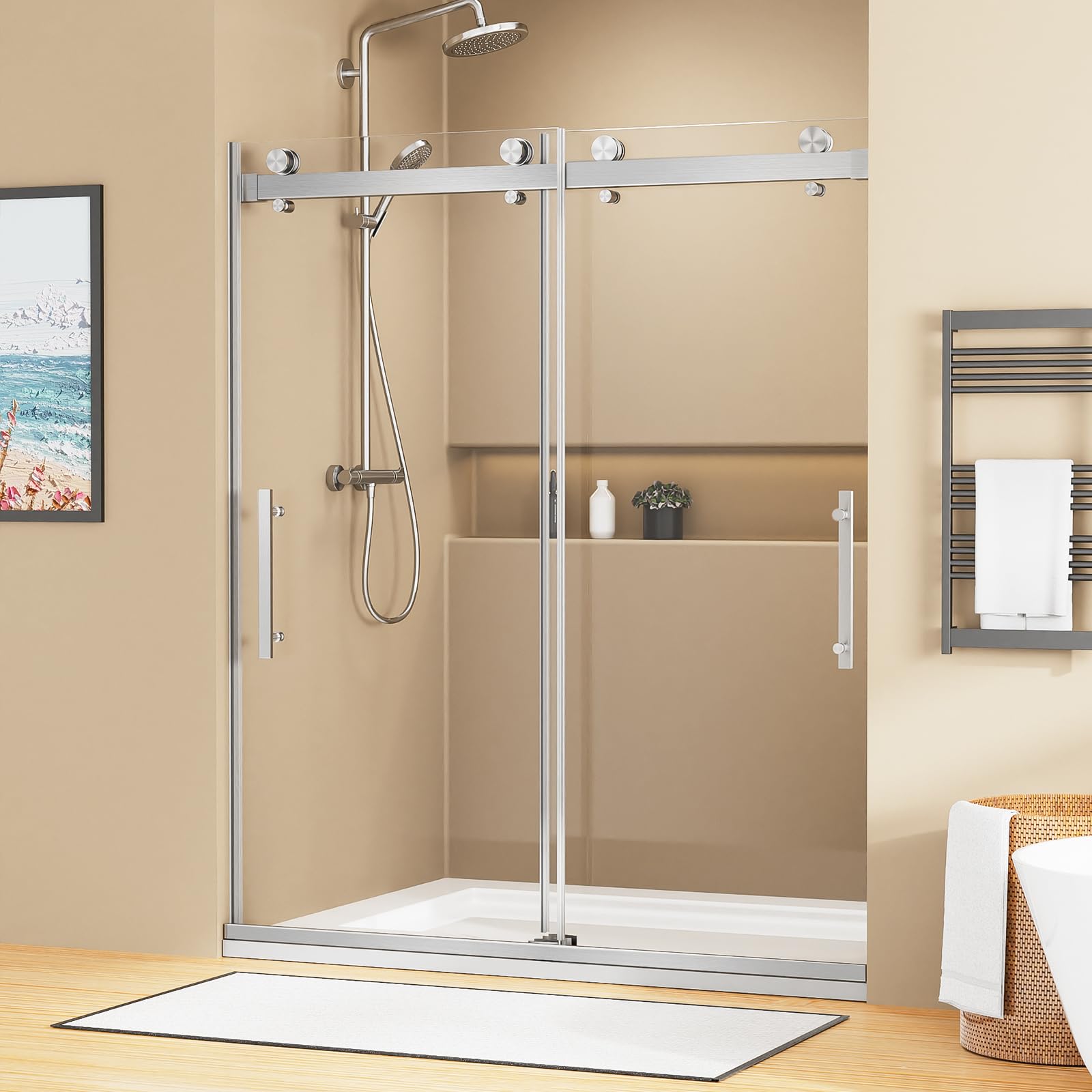 Shower Door, 60" W x 74" H Frameless Shower Door,Double Sliding Shower Door with Premium 1/4" (6mm) Thick Tempered Glass, Stainless Steel, Brushed Nickel