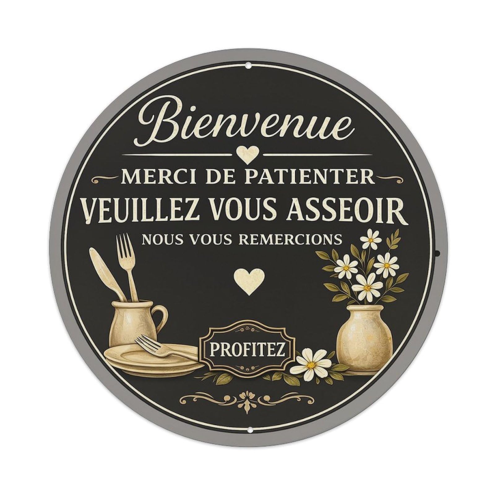 Bienvenue Merci De Patienter Veuillez Vous Asseoir Nous Vous Remercions Profitez Vintage Round Tin Sign Retro Metal Wall Decor Metal Poster, Home Bar Garage Cafe Wall Art Decoration 8x8Inches