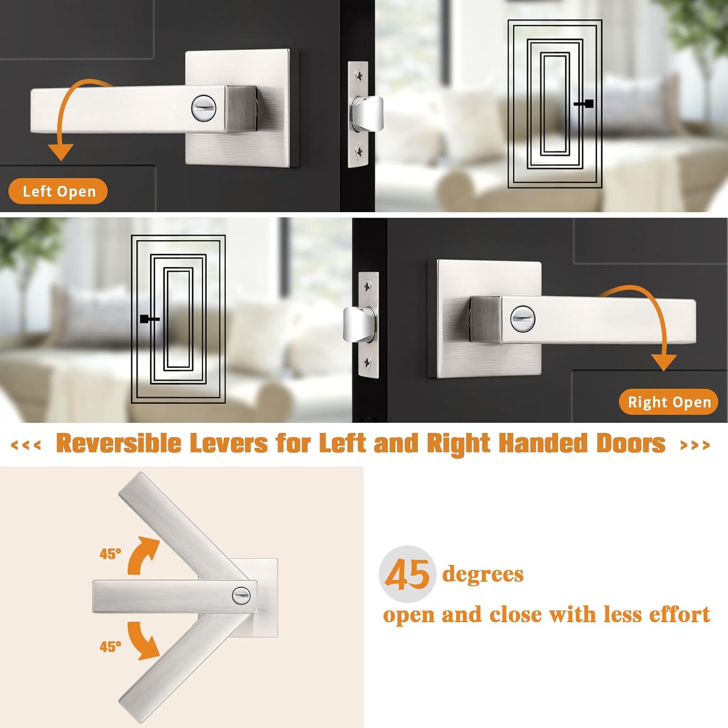Probrico Interior Brushed Nickel Door Handle, Heavy Duty, Flat Square Privacy Door Handles, Keyless Door Levers Lockset for Bedroom and Bathroom, 8 Pack