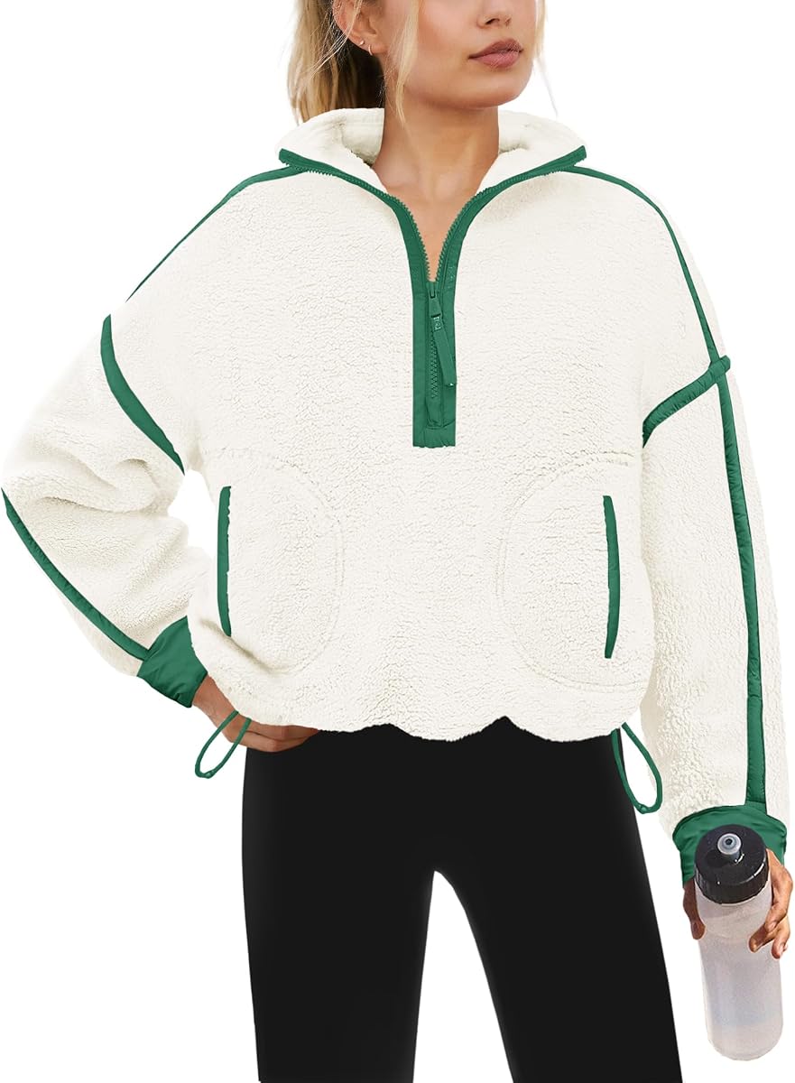 Yanekop Womens Quarter Zip Pullover Sherpa Fleece Jacket Fall Sweatshirt | Oversized Zip Up Sweatshirt, Half Zip Pullover, Fuzzy Fleece Sweater, Soft Cozy Fall Sweatshirts, Winter Warm Coat