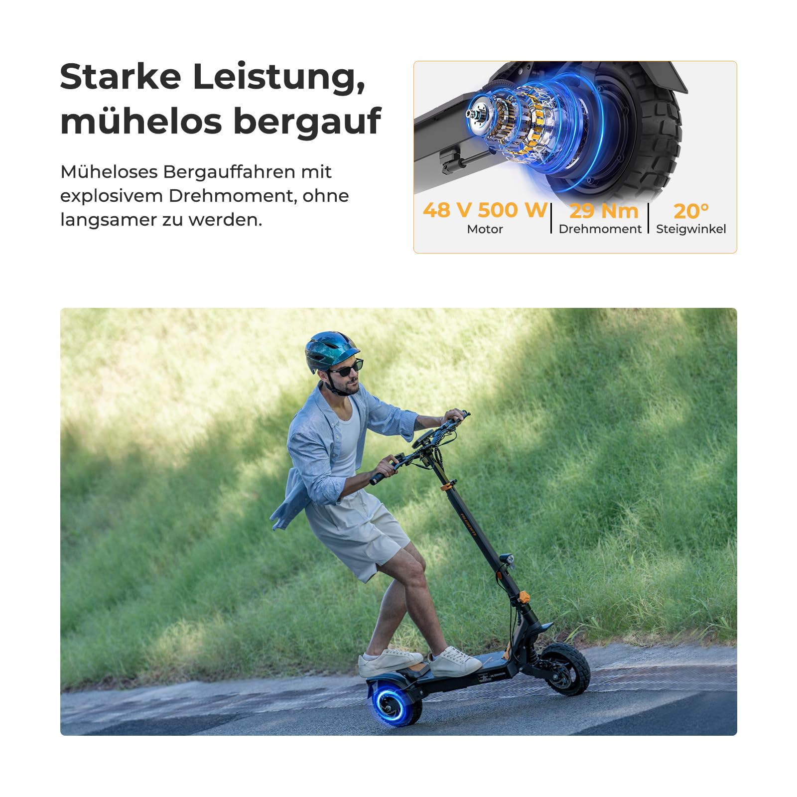 Ausom L1 E-Scooter mit Straßenzulassung (ABE), 70-90km Reichweite, 500W Motor, Max.20 km/h, Faltbarer Offroad Elektroroller für Erwachsene mit Duale Schwingarmdämpfer, Dual-Disc-Bremsen