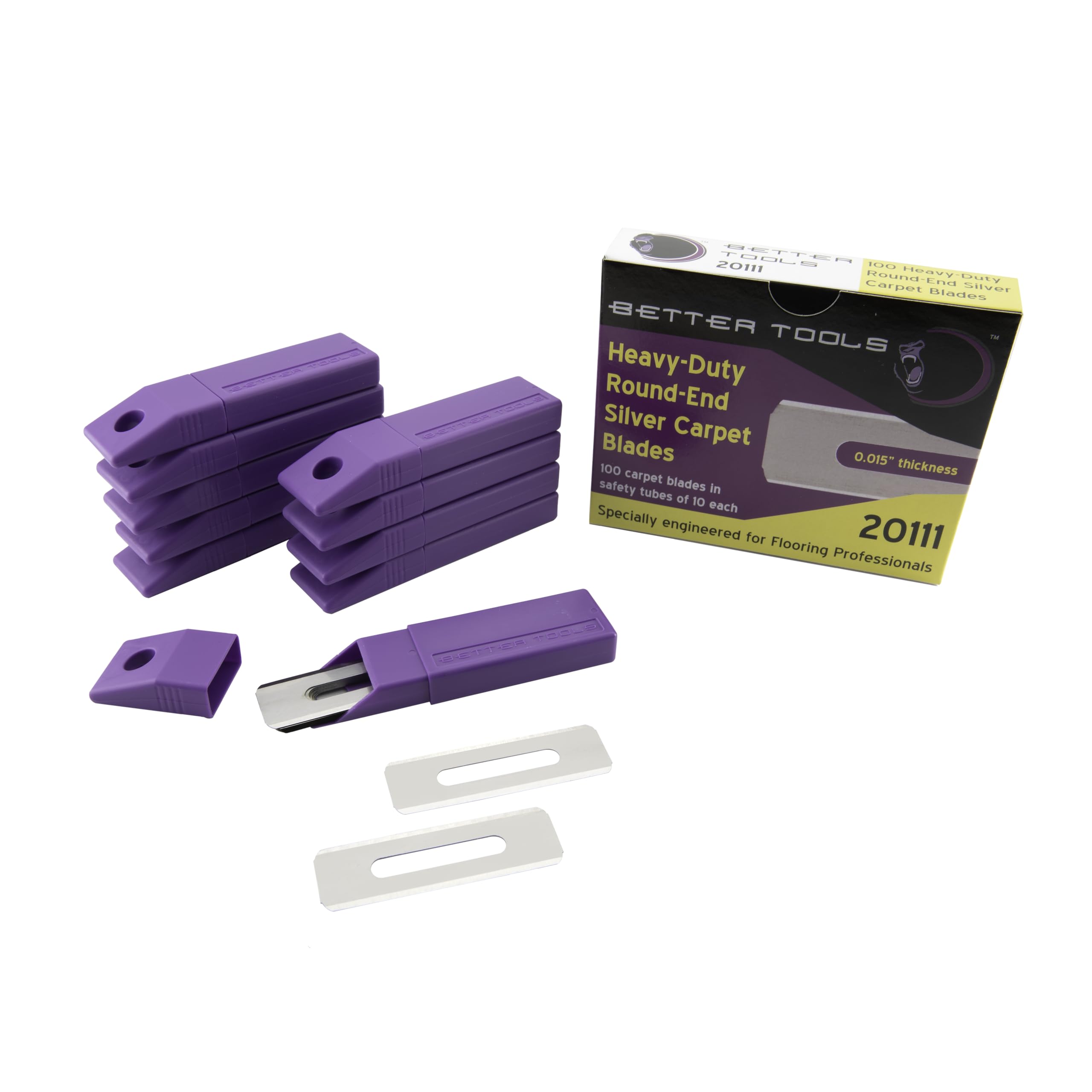 Better Tools Heavy-Duty Round-End Silver Carpet Blades - 100 blades/box - 10 blades/tube