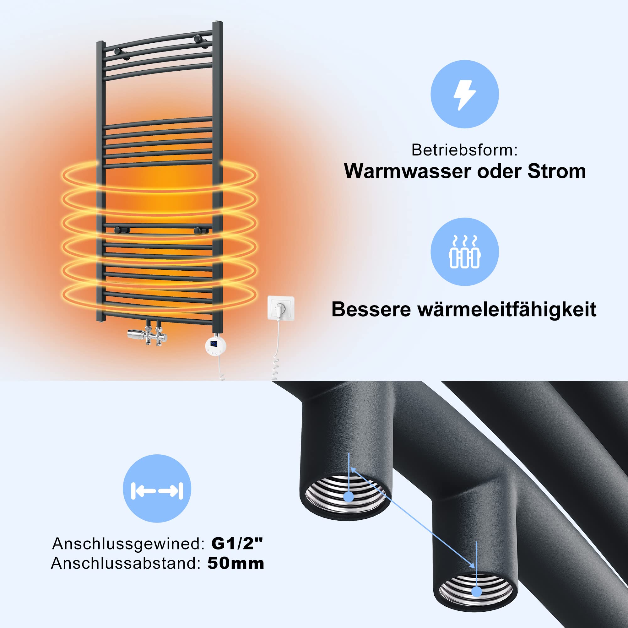 SONNI Scaldasalviette elettrico con termostato, 700 x 500 mm, antracite, curvo, attacco centrale, ovale, scaldasalviette per bagno, riscaldamento, 400 W