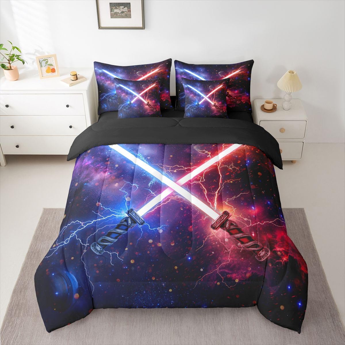 Feelyou Blue Red Lightsaber Bedding Set 7 Pieces Full Size Kids Galaxy Bedding Set for Boys Girls Teens Space Outer Sky Comforter Set Bed in a Bag （Comforter, Sheets, Pillowcases & Cushion Covers）