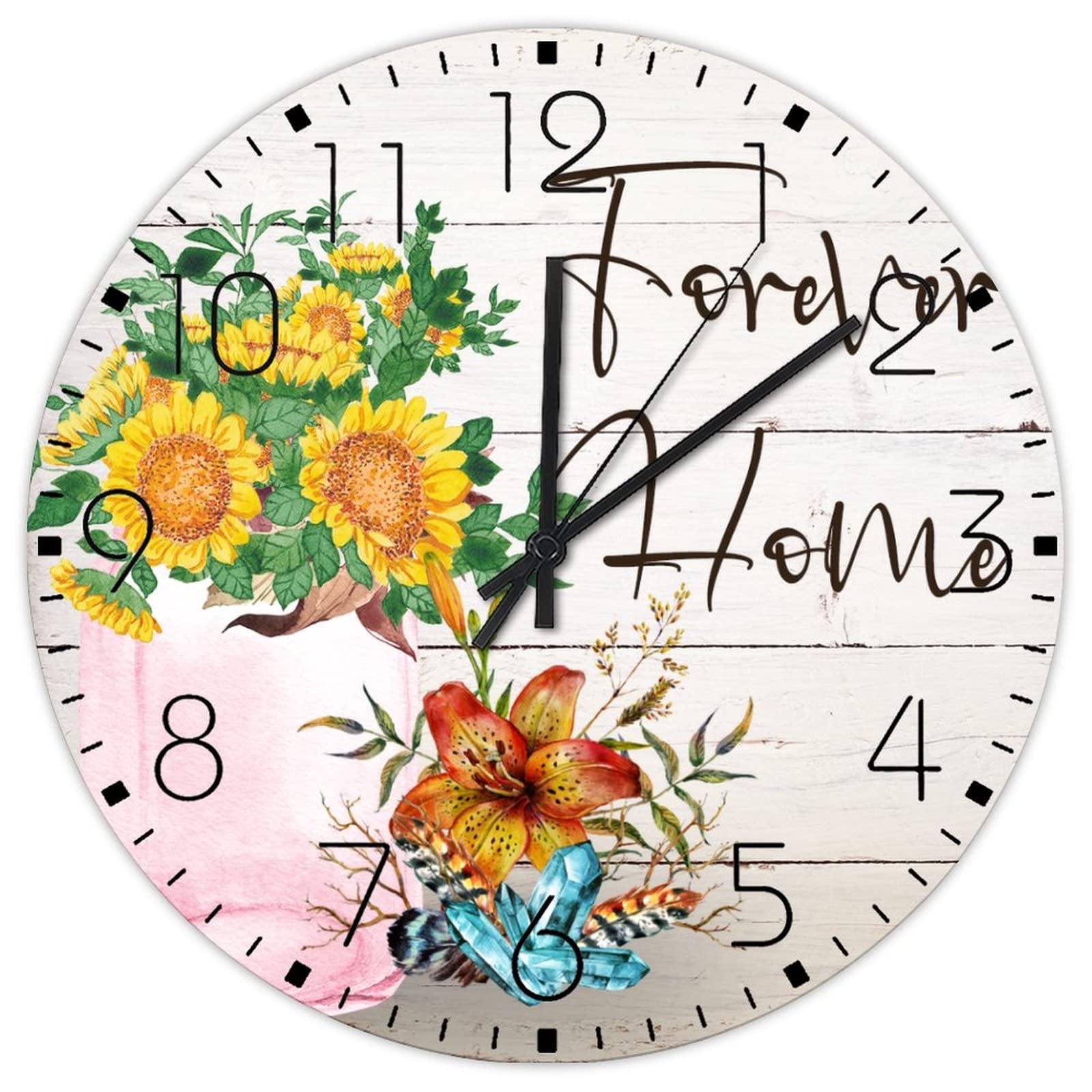 Horloge murale en bois 30 cm Forever Home à fleurs colorées pour salon