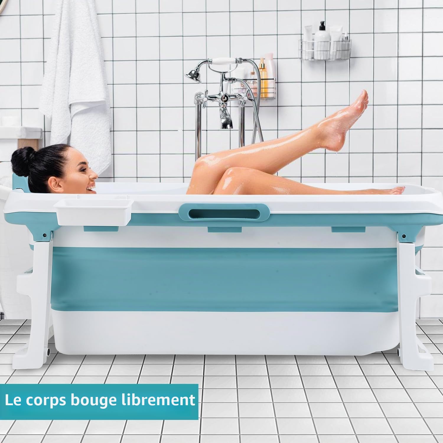 Baignoire pliable pour adulte - 149 x 60 x 50 cm - Portable - Baignoire mobile pliable avec couvercle et rouleaux de massage - Panier à savon - Pour salle de bain et douche - Bleu