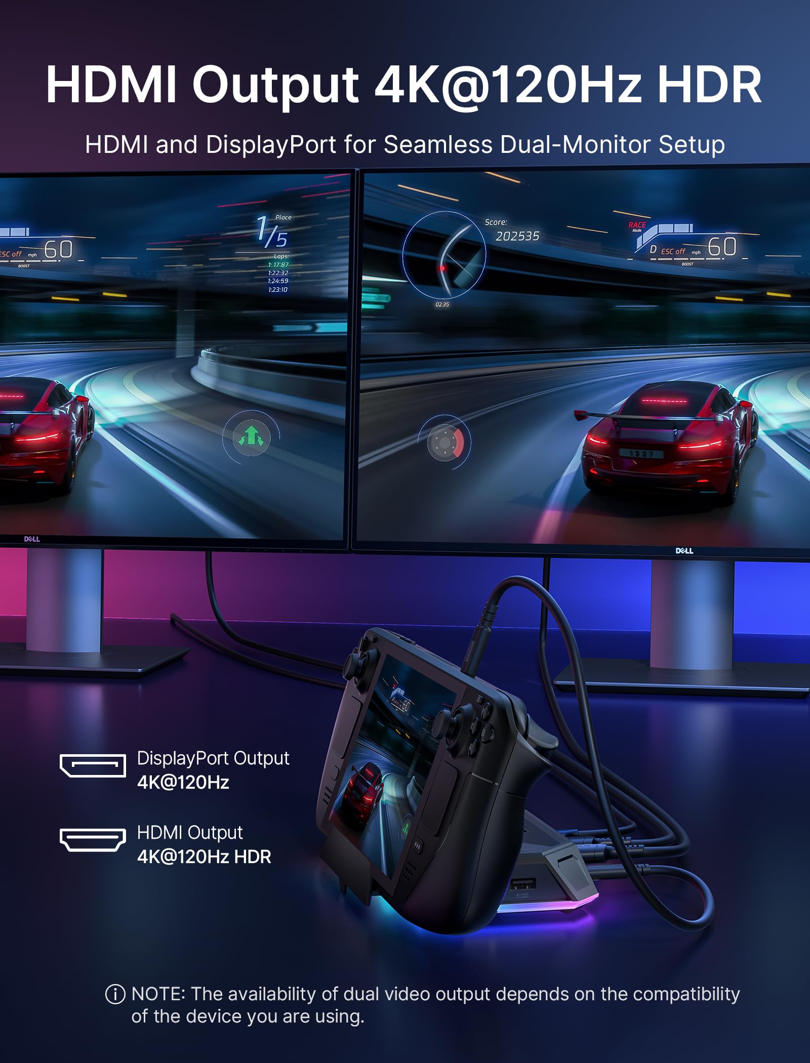 JSAUX RGB Docking Station for Steam Deck (OLED)/ROG Ally/Legion Go, 12-in-1 Handheld Dock with 4K@120Hz HDMI & DisplayPort Gigabit Ethernet USB C 3.2 USB A 3.2/2.0, SD/TF Slots 3.5mm Jack-HB1201S — view 5