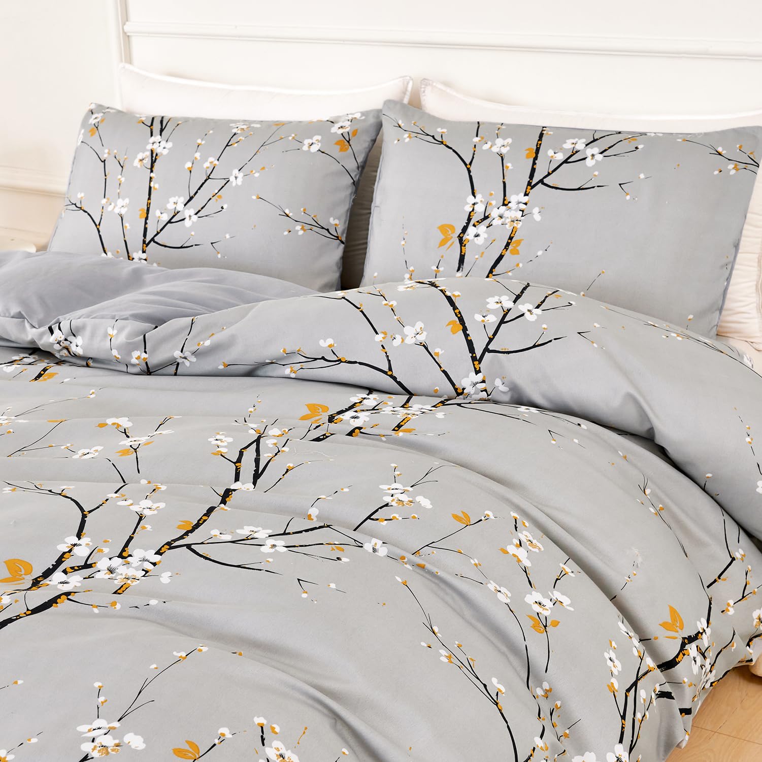 Jemiipee Set Copripiumino Floreale Letto Matrimoniale Motivo a Fiori e Rami, 1 x Copripiumino 220x240 cm e 2 x Federe 50x75 cm Completo Sacco Parure Letto Moderno Microfibra Grigio