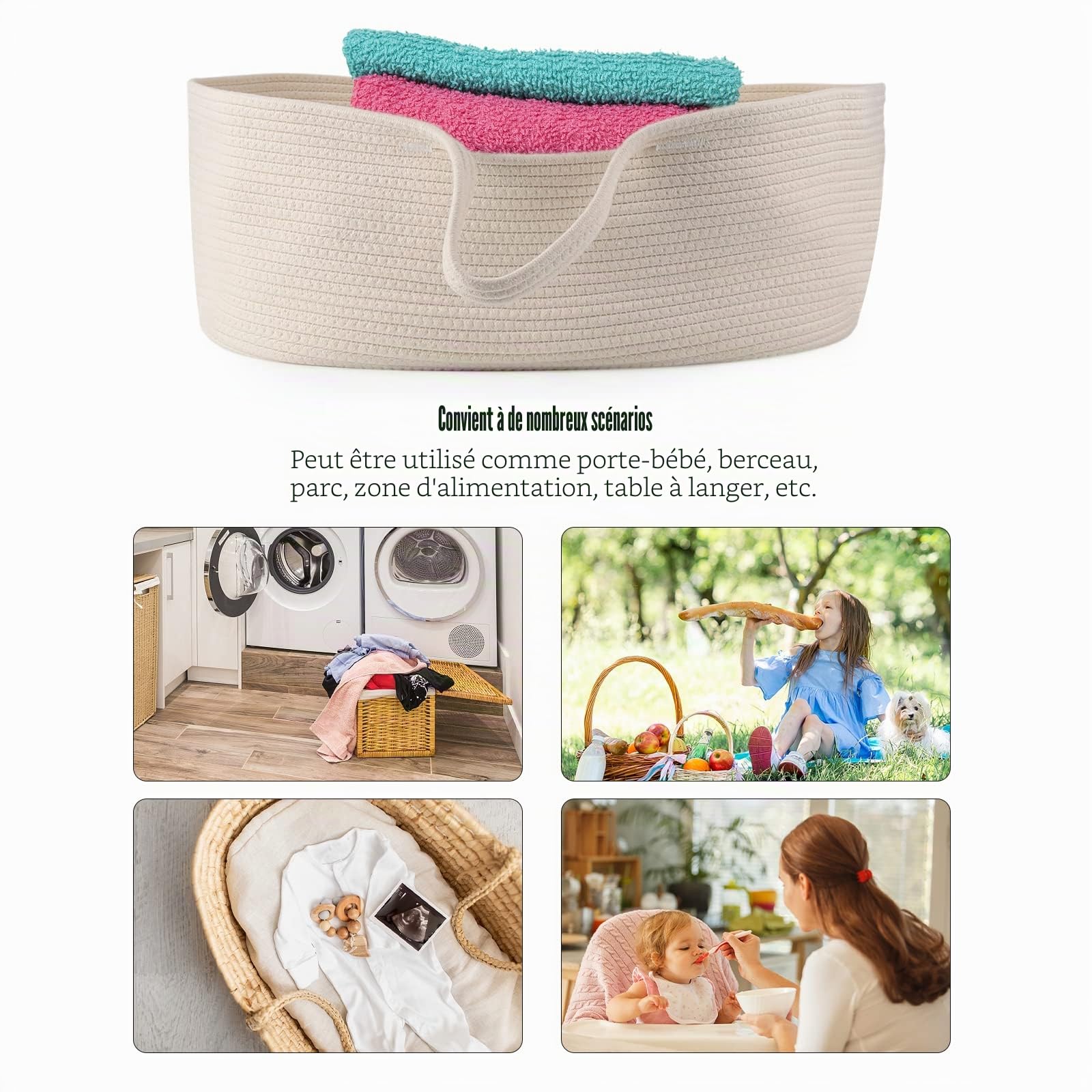 Panier pour bébé Moïse Lit portable en corde de coton pour enfant Sac de couchage pour l'extérieur Voyage Voiture