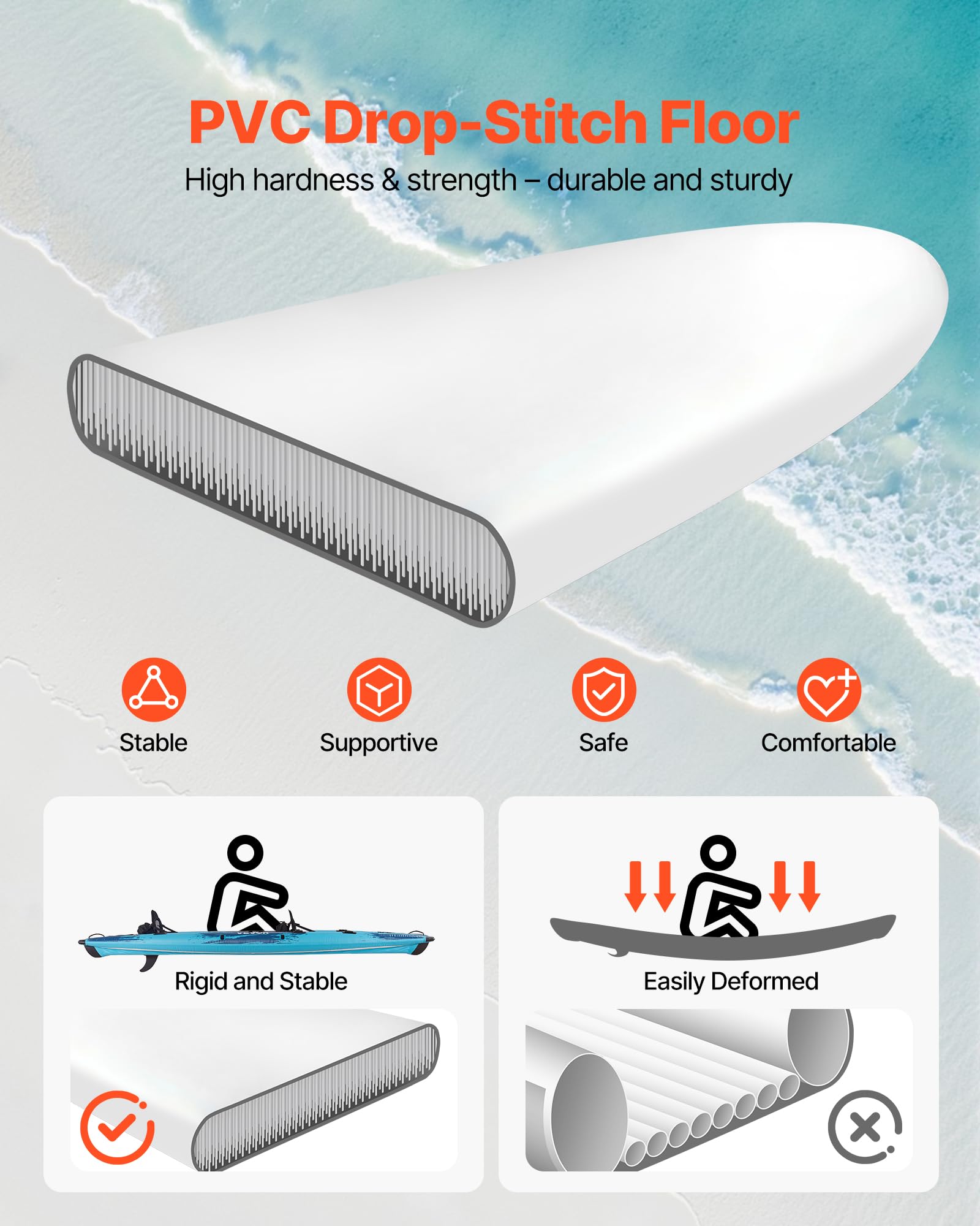 VEVOR Kayak Gonfiabile per 2 Persone, Capacità 317,5 kg, Resistente a Perdite e Forature, con Seduta Imbottita, Pavimento in PVC, 2 Pagaie, Pompa a Mano, Borsa Trasporto, per Pesca e Campeggio