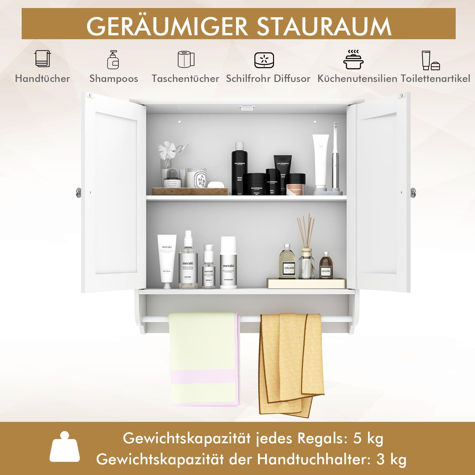 COSTWAY Hangende badkamerkast, badkamerkast met handdoekhouder, hangkast, hout, medicijnkast, wandkast voor badkamer, 60 x 21 x 61 cm (grijs