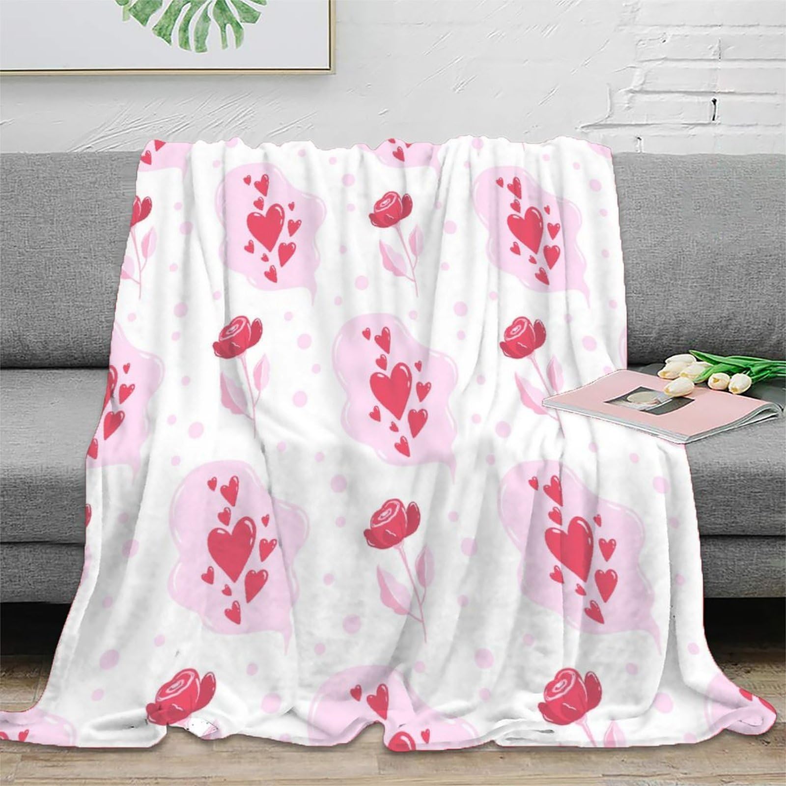 3D Gedruckte Herz Rosen Decke Mikrofaser Wohndeko Romantisches Muster Kuscheldecke Sofa Schlafzimmer Geschenk 80x90inch(200x230cm)