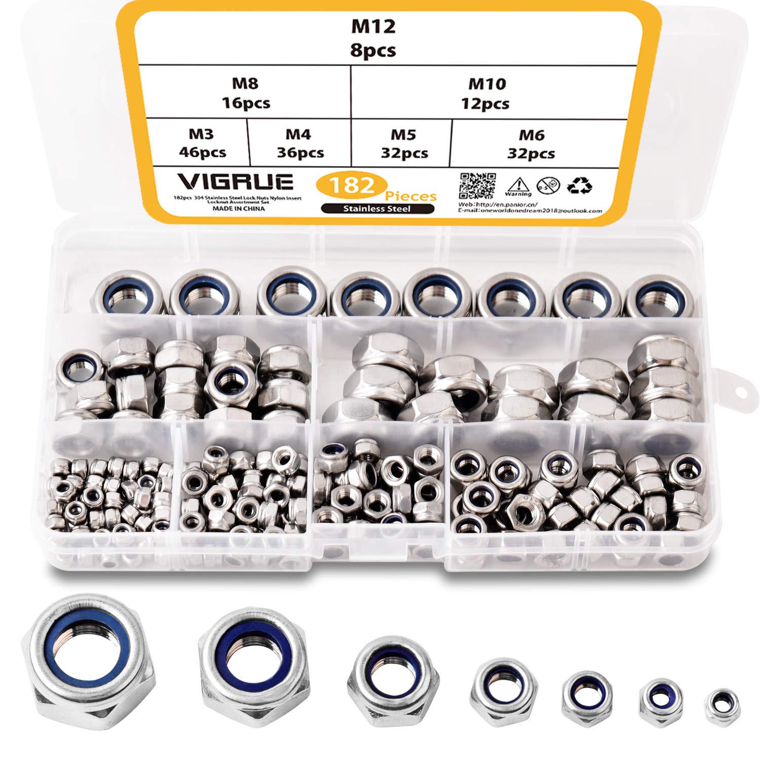 Vigrue 182 piece lock nuts, set of 304 stainless steel nylon self-locking lock nuts, size M3, M4, M5, M6, M8, M10, M12