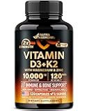 Vitamin D3 K2 - Vitamin D3 10000 iu & K2 as MK-7 120 mcg - Immune & Mood Support, for Bone & Teeth Health - with Magnesium, Zinc & Vitamin C & B12 - Highly Bioavailable - Made in USA, 120 Capsules