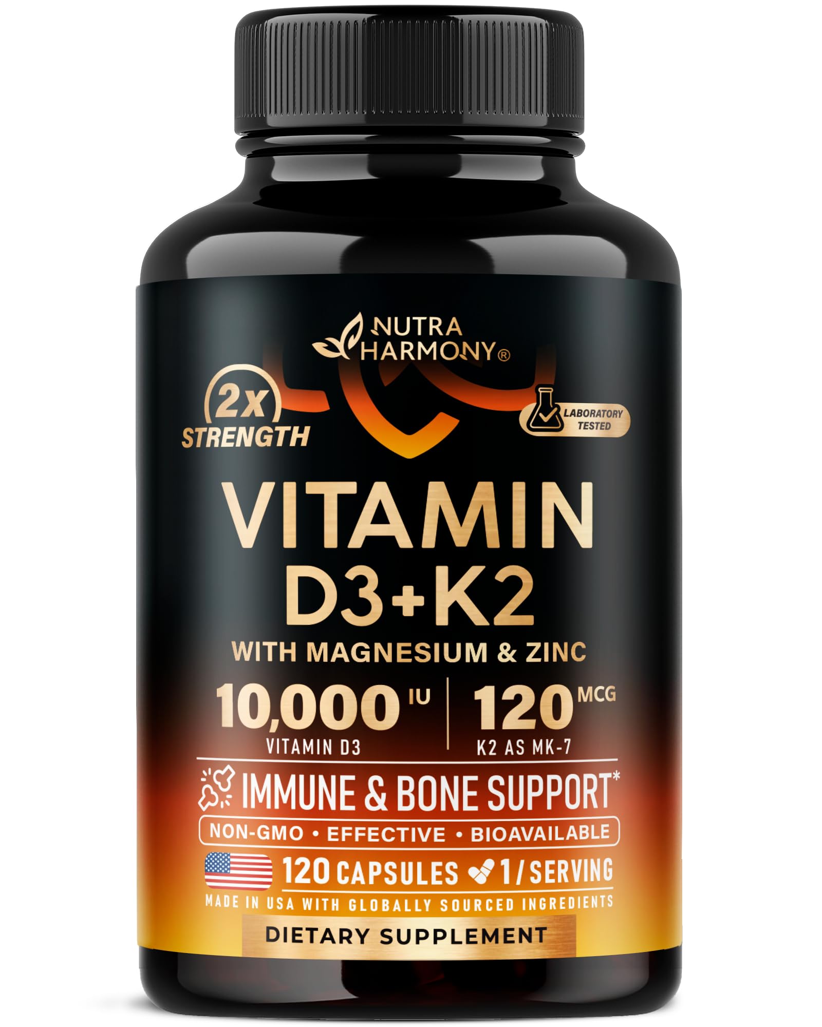 Vitamin D3 K2 - Vitamin D3 10000 iu & K2 as MK-7 120 mcg - Immune & Mood Support, for Bone & Teeth Health - with Magnesium, Zinc & Vitamin C & B12 - Highly Bioavailable - Made in USA, 120 Capsules