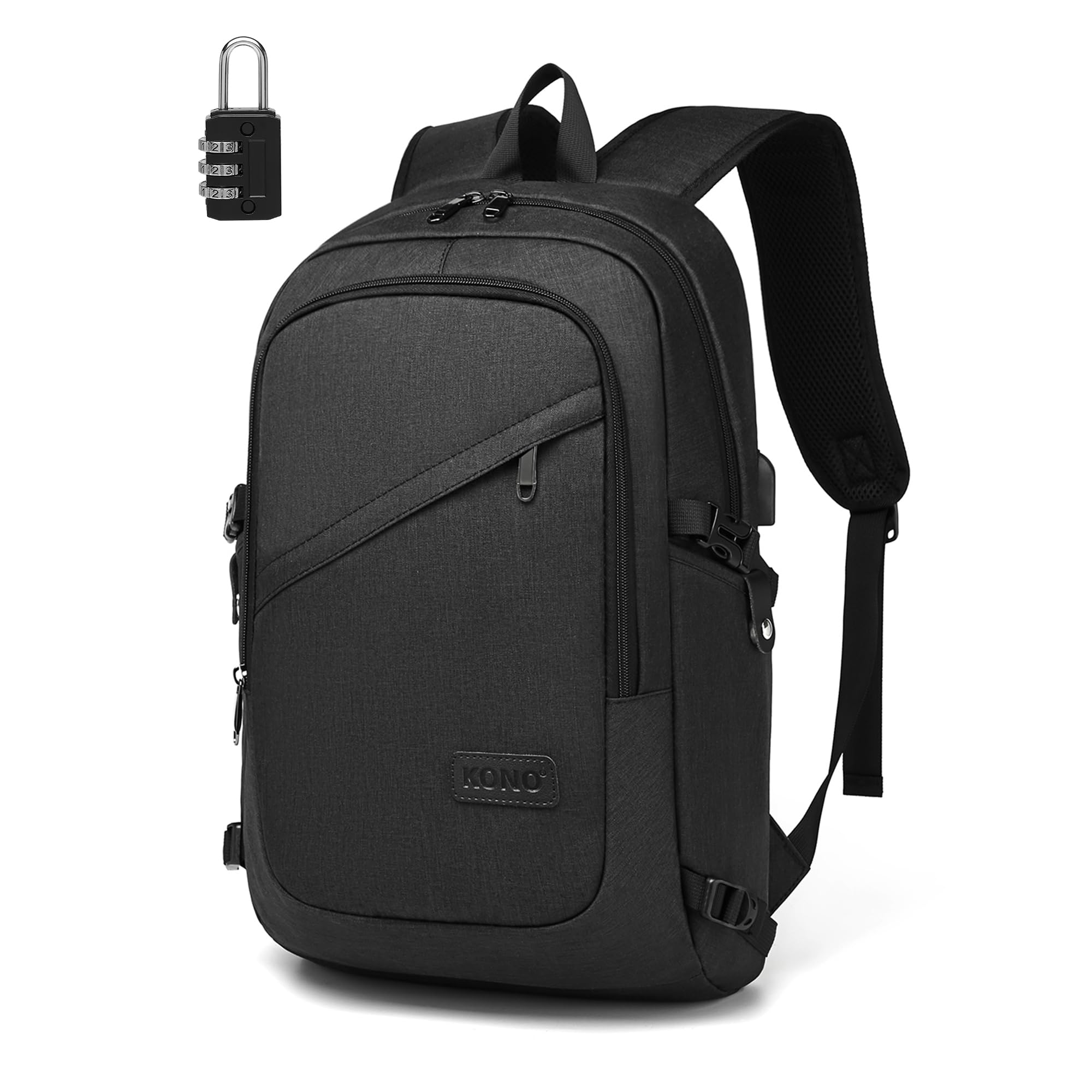 KONO Zaino Porta PC 15,6 Pollici, Zaino da Lavoro Uomo con Lucchetto | Leggero con Porta USB, Zaino PC Impermeabile per Università, Zaino da Viaggio e Scuola per Adolescenti, Studenti e Lavoratori