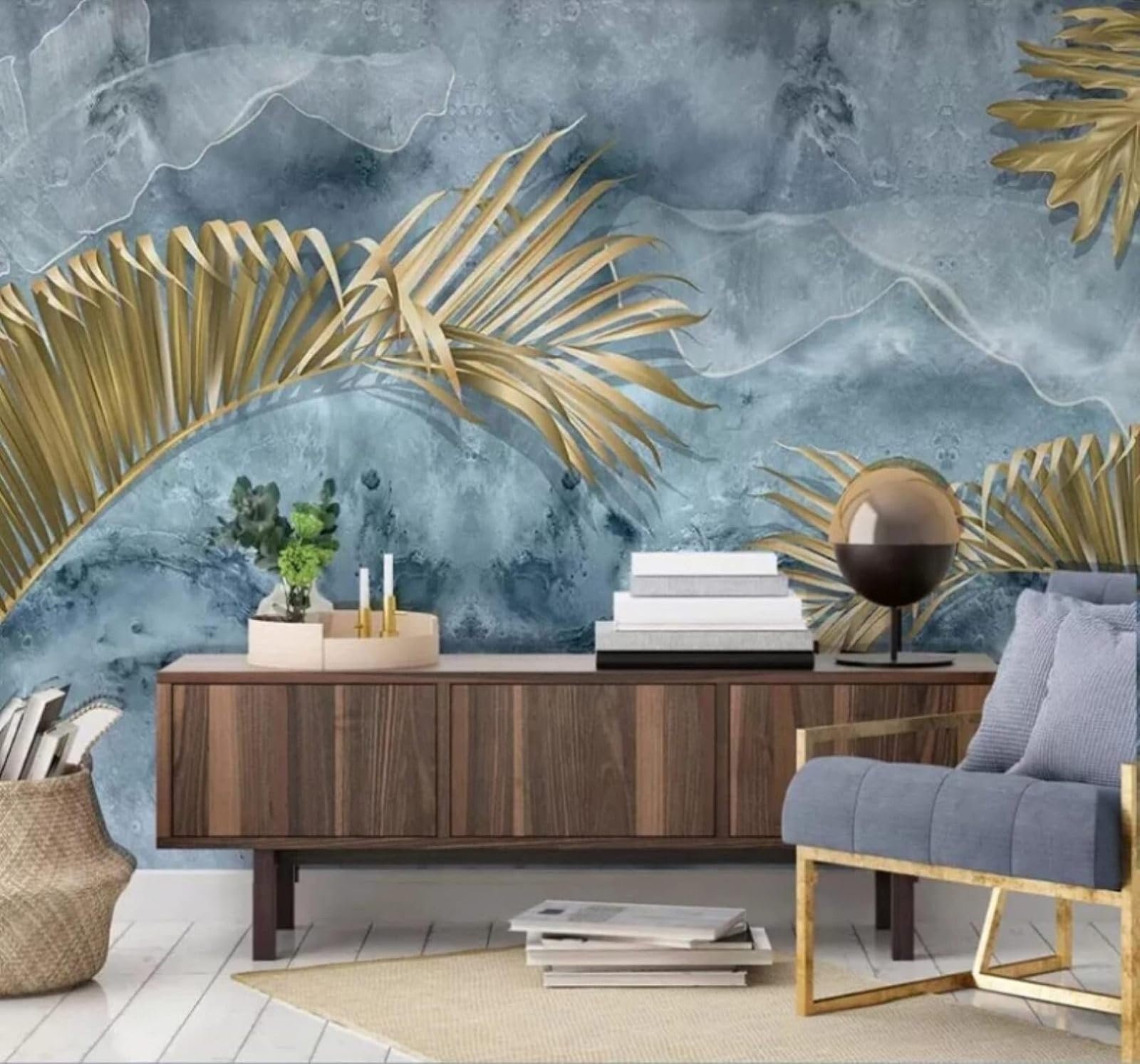 XLMING Abstract Blue Ink Gold Leaves 3D Wallpaper Luxury Silk Study Dining Feature Sofa Grey Bedroom Living Room Tv Decorative Wall-150cm×105cm
