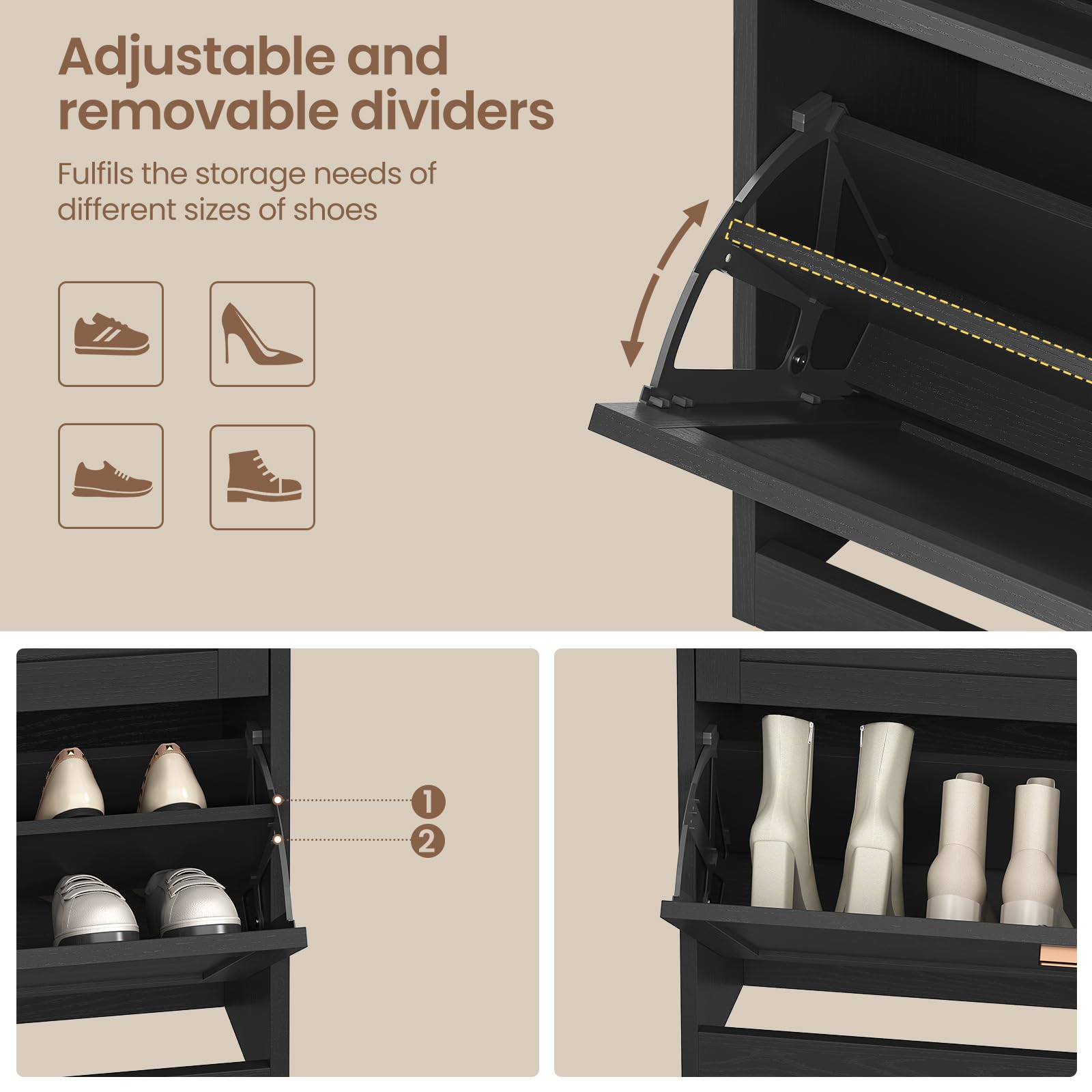 KIMENICH Scarpiera con 4 Scomparti a Ribalta, Scarpiera Salvaspazio, Scarpieras con 2 Cassetti, Divisorio Regolabile, per 16-24 Paia di Scarpe, Corridoio, Ingresso, 24 x 100 x 103 cm, Nero