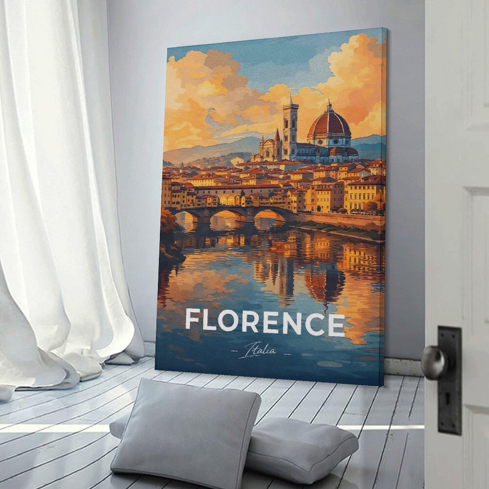 Junmoney Florence Cityscape with Ponte Vecchio Decorative Wall Artwork, 24x36inch(60x90cm), for Corridors, Hallways Or Apartment Entries, Home Artwork for First Impressions