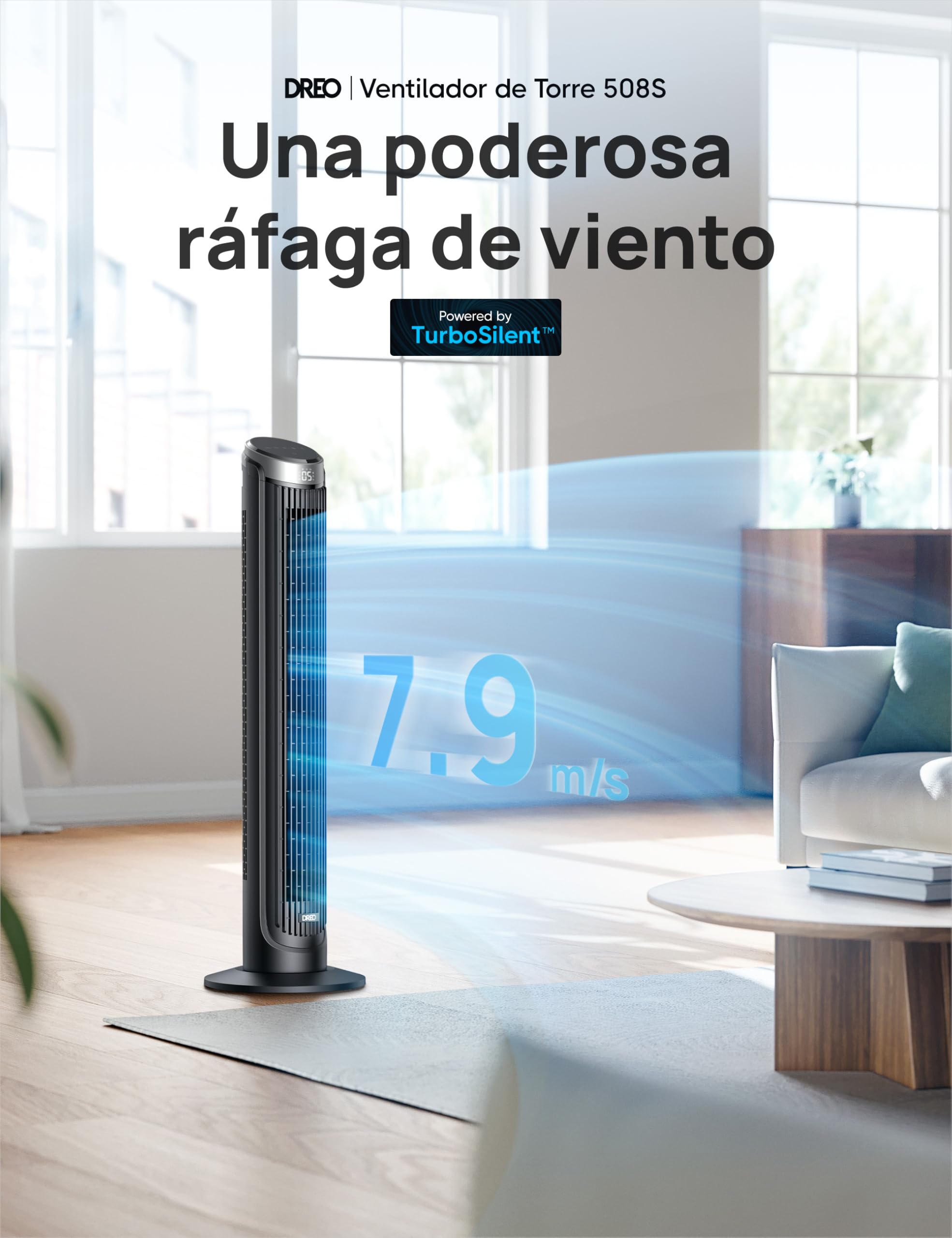 Dreo Smart Ventilador de Torre Silencioso, Oscilación de 90°, Ventilador de Pie para Dormitorio, 7.9 m/s, 5 Velocidades, 4 Modos, Táctil/Mando/App & Control por Voz, Alexa, Temporizador 12H, Plateado