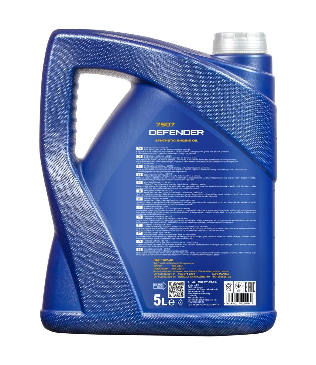 MANNOL Olio motore Defender 10W-40 5 L Compatibilità con RENAULT Clio 3 Hatchback BR0/1, CR0/1 Clio 2 BB0/1/2, CB0/1/2 Clio 4 Hatchback BH, PEUGEOT 206 2 volumi/Coda spiovente 2A/C, VW