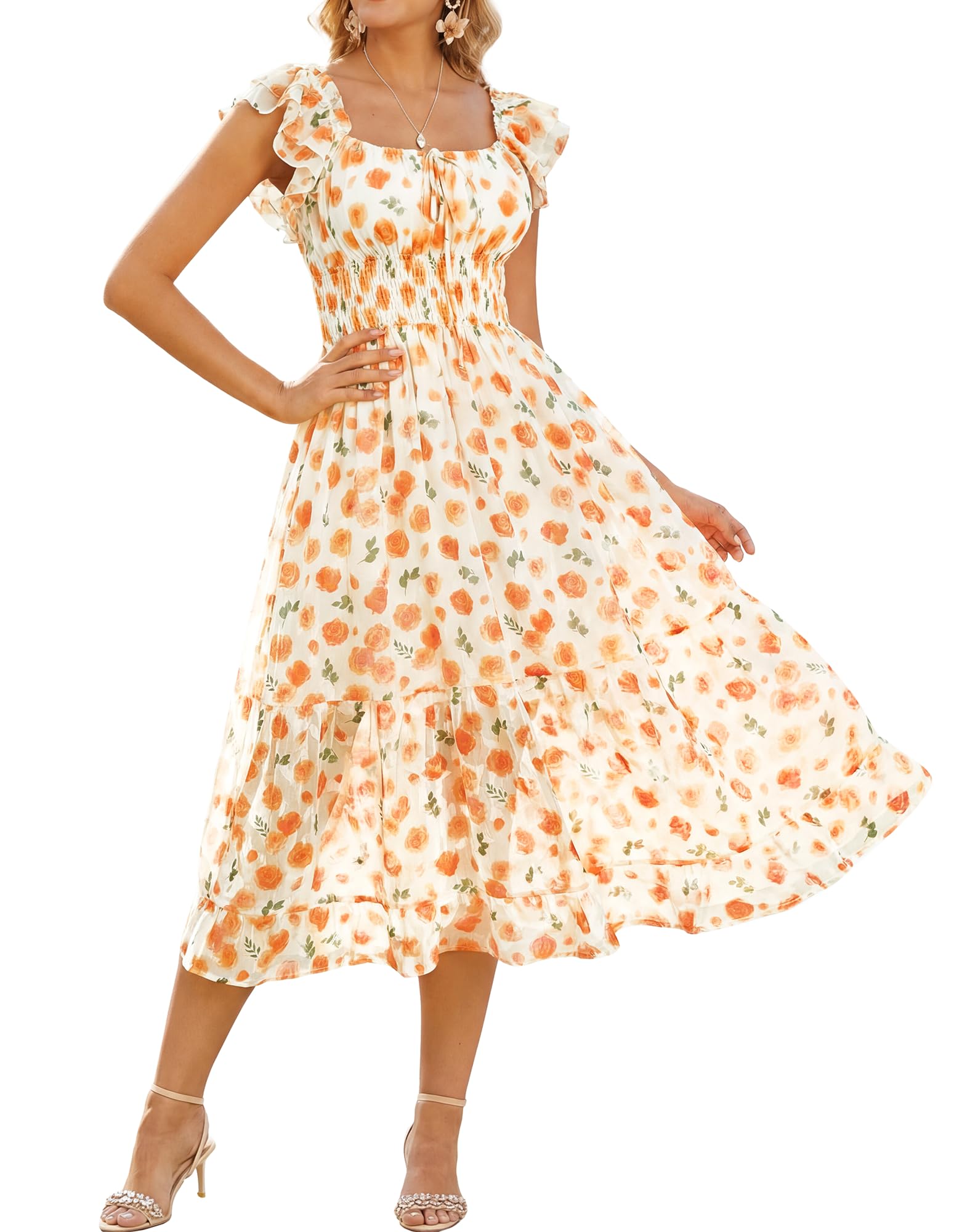 GRACE KARIN 2026 Women's Spring Floral Midi Dress Beach Wedding Guest Dresses Flowy A Line Casual Summer Clothes Orange Floral M