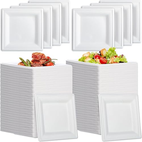 Miniatura 8 de Hotop Paquete de 300 platos desechables cuadrados de 6 x 6 pulgadas, platos pequeños y seguros de caña de azúcar, platos de papel para boda,
