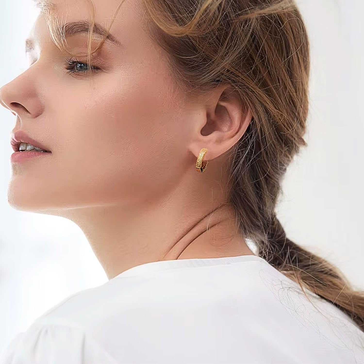 QueenBee 14K Gold Plated Huggie Hoop Earrings for Women – Sparkling Double Row Cubic Zirconia Small Hoops, Hypoallergenic Pave Leverback Earrings, Trendy Jewelry Gift for Her