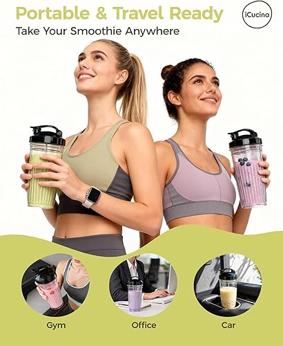 Miniatura 4 de ICUCINA Batidora de repuesto con tapas To Go, sin BPA, compatible con licuadora de 1000 W para batidos y bebidas proteicas, paquete de 2, color negro