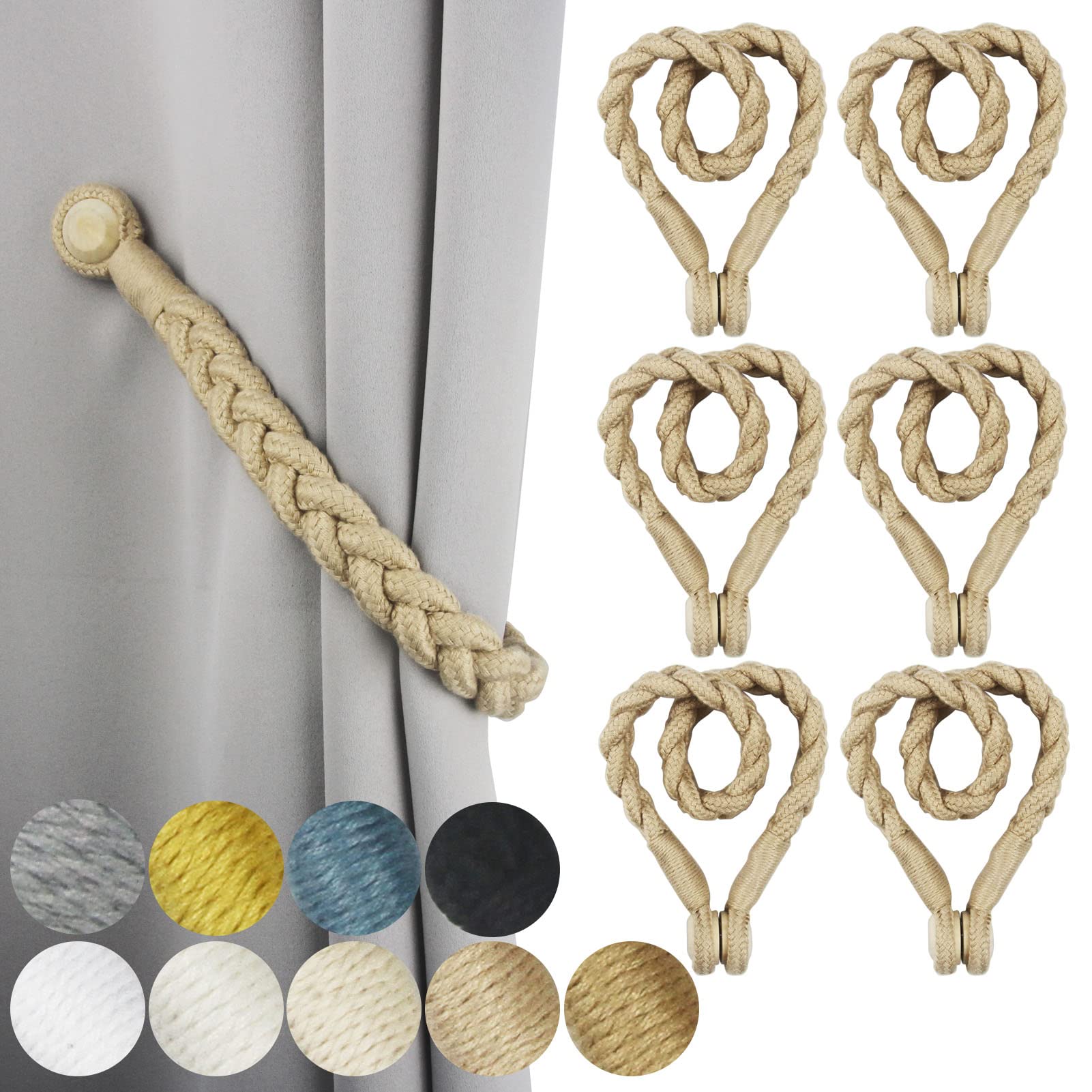 Porlau 6 Pack Magnetic Soft Curtain Tiebacks Cotton Hand-Woven Tieback Holdback Home Decorative Tie Backs with Durable Wooden Buckle for Home Office Decor (Dark Beige, 6)