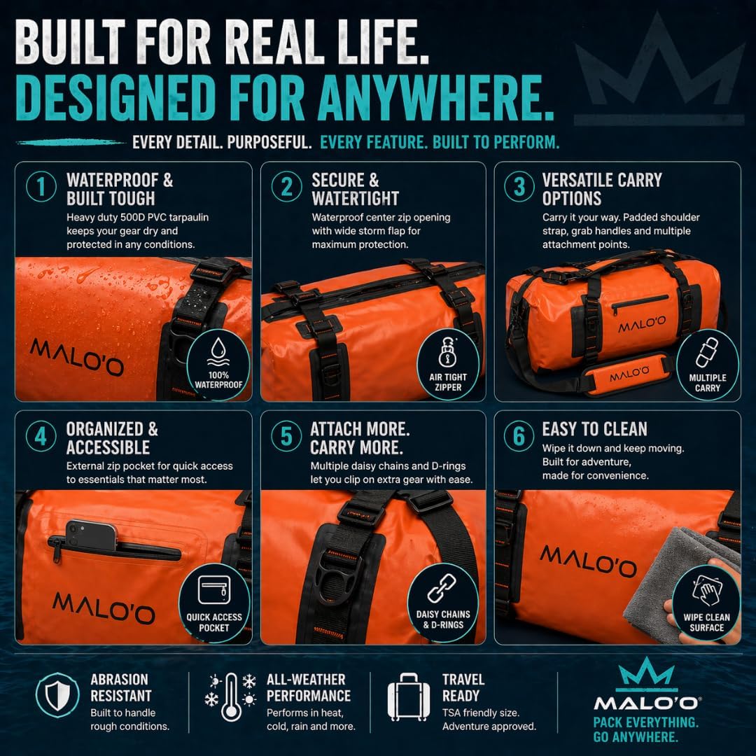 Malo’o 60L & 90L Airtight Waterproof Duffel Bag Backpack – Heavy Duty Dry Bag with Waterproof Zipper, Submersible Gear Bag for Fishing, Boating, Camping, Travel & Outdoor Adventure