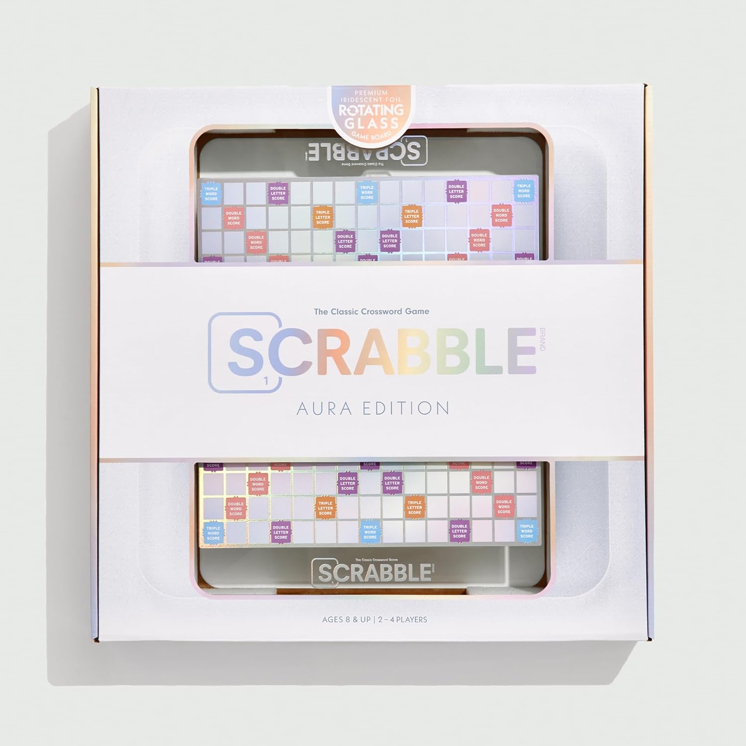 WS Game Company Scrabble Aura Edition, Iridescent Rotating Tempered Glass Board, Non-slip Metallic Wood Letter Tiles, Luxe Tile Racks & Organizer Tray, Family Word Board Games for 2-4 Players, Ages 8+