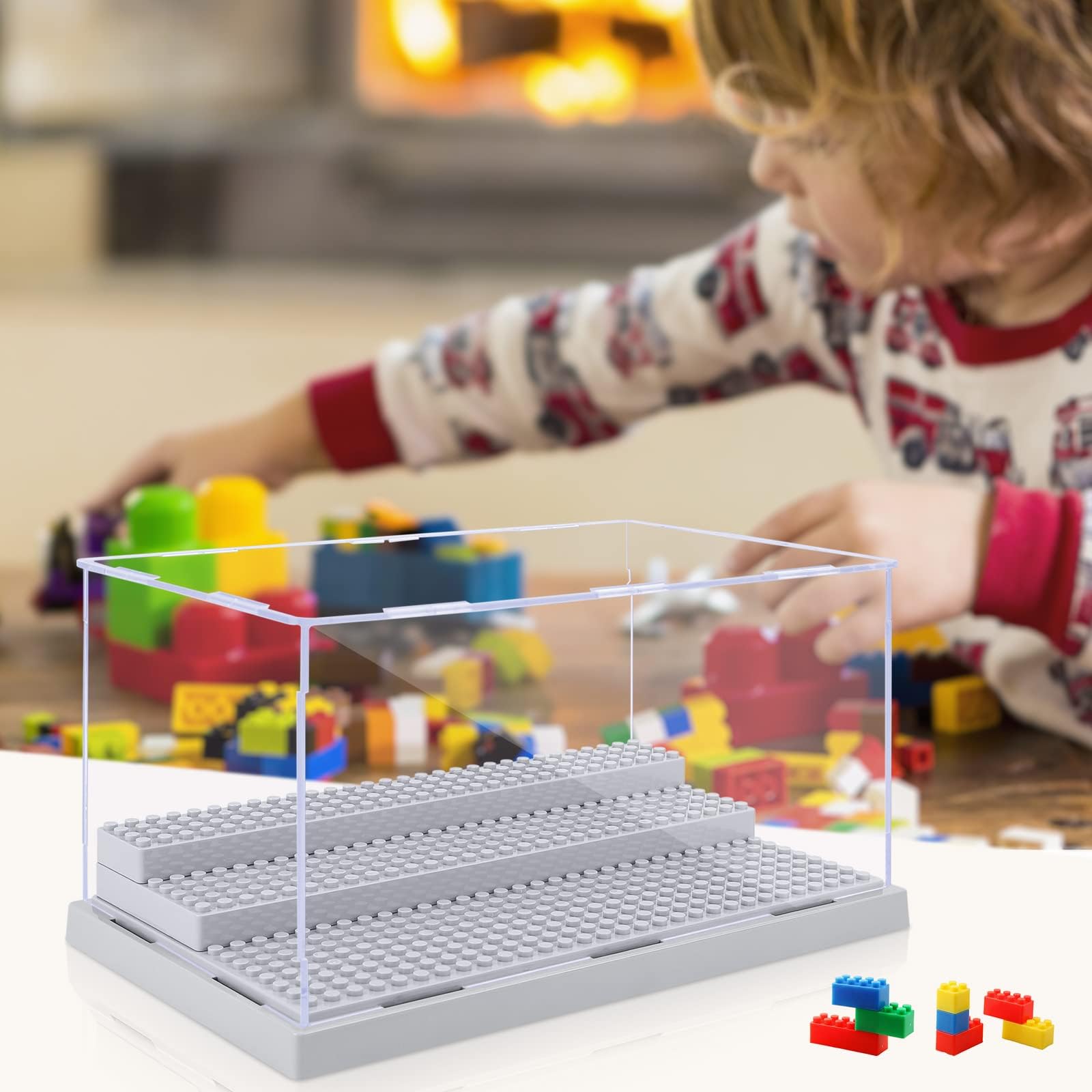 Mlikero 2 Pack Minifiguren Vitrine für Actionfiguren Blöcke, klare staubdichte Display Aufbewahrungsbox mit 3 beweglichen Schritten, Geschenke für Kinder Minifiguren Sammler (Grau)