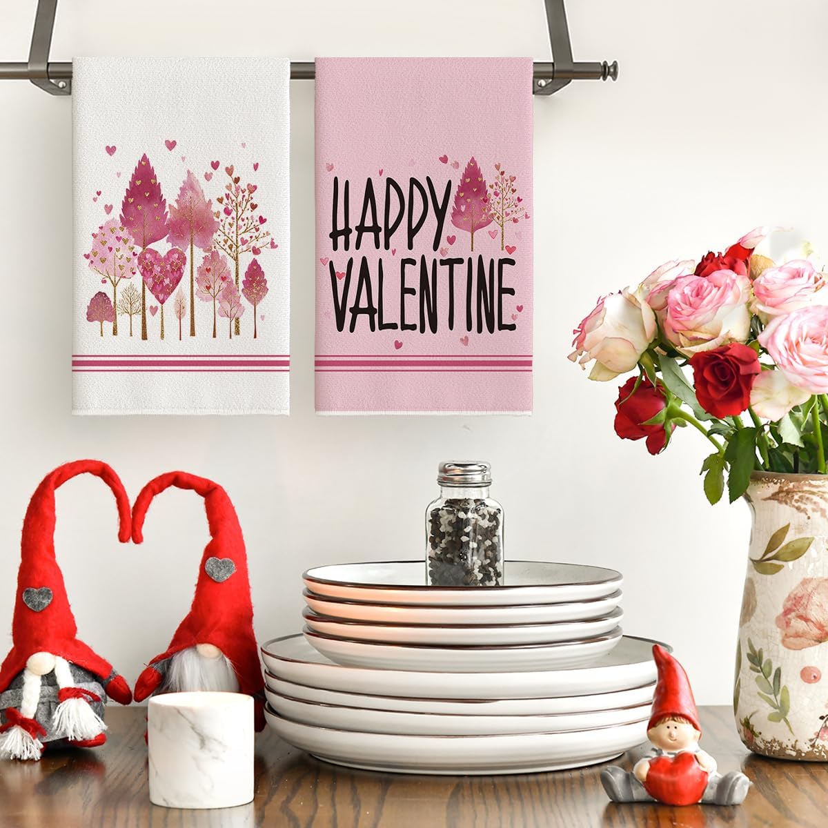Artoid Mode Pink Love Heart Tree Happy Valentine's Kitchen Towels Dish Towels, 18x26 Inch Anniversary Wedding Decoration Cleaning Set of 2 - Image 6