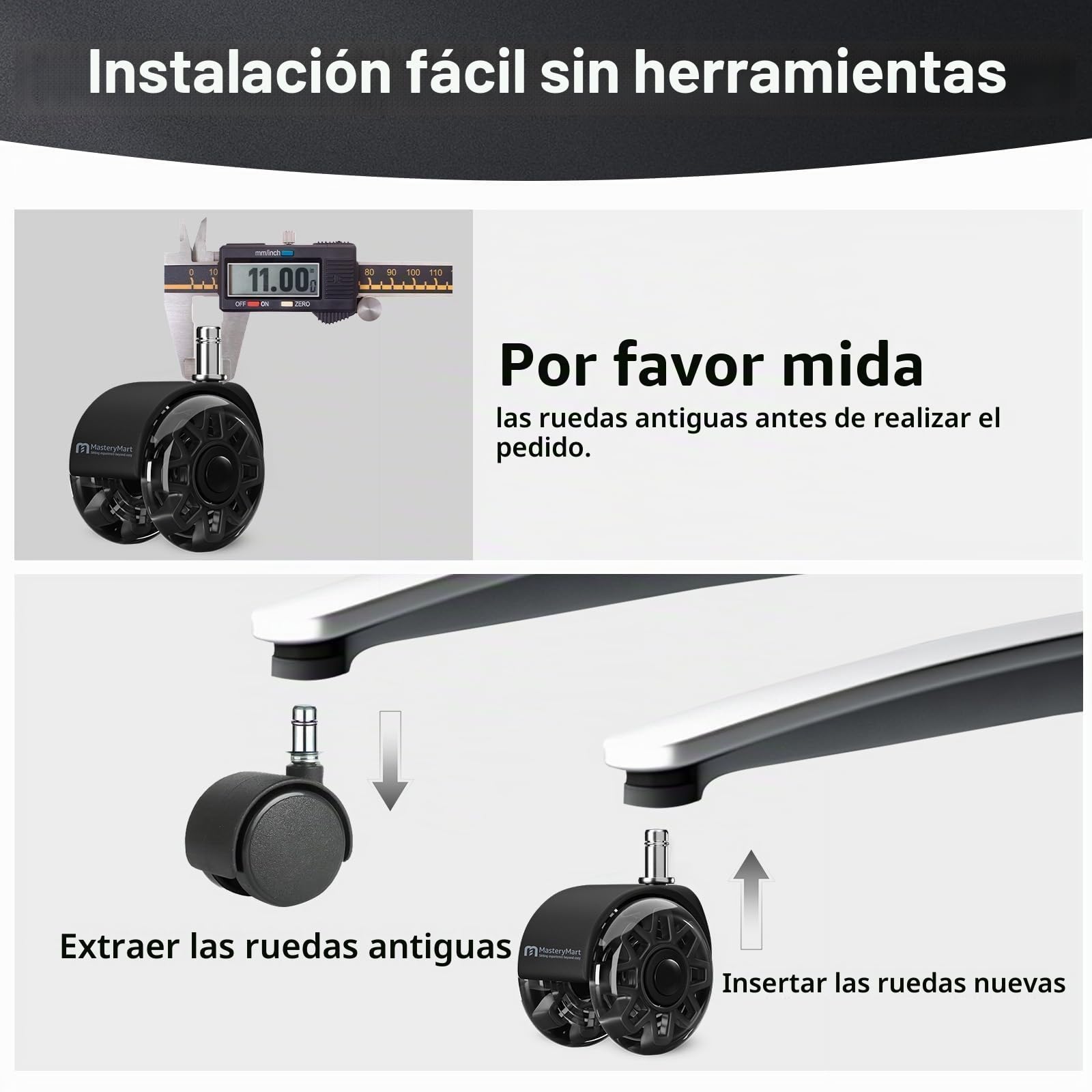 Mastery Mart Juego de 5 ruedas para sillas de oficina de 11 mm, 70 mm de altura, ruedas de suelo duro, para sillas de oficina, parquet, aptas para el 98% de todas las ruedas, no para 1KEA, color negro