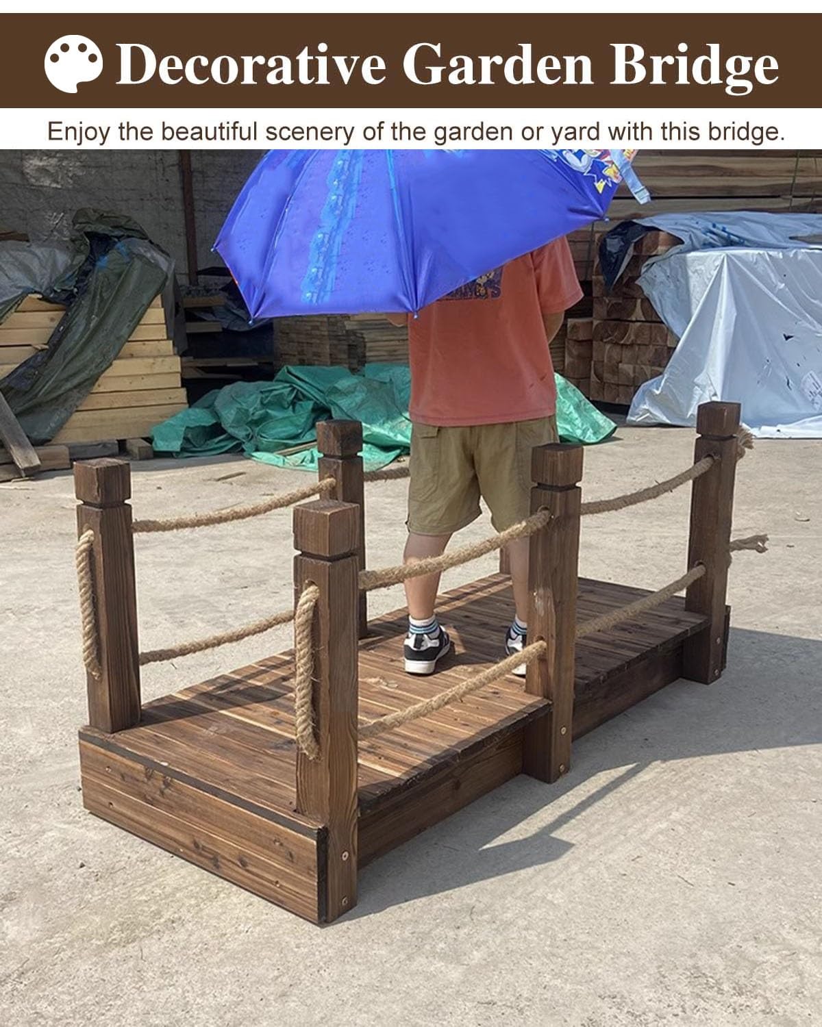 Ponte per laghetto per esterni, decorazione da giardino in legno, ponte carbonizzato per prato, patio e sentiero del capanno