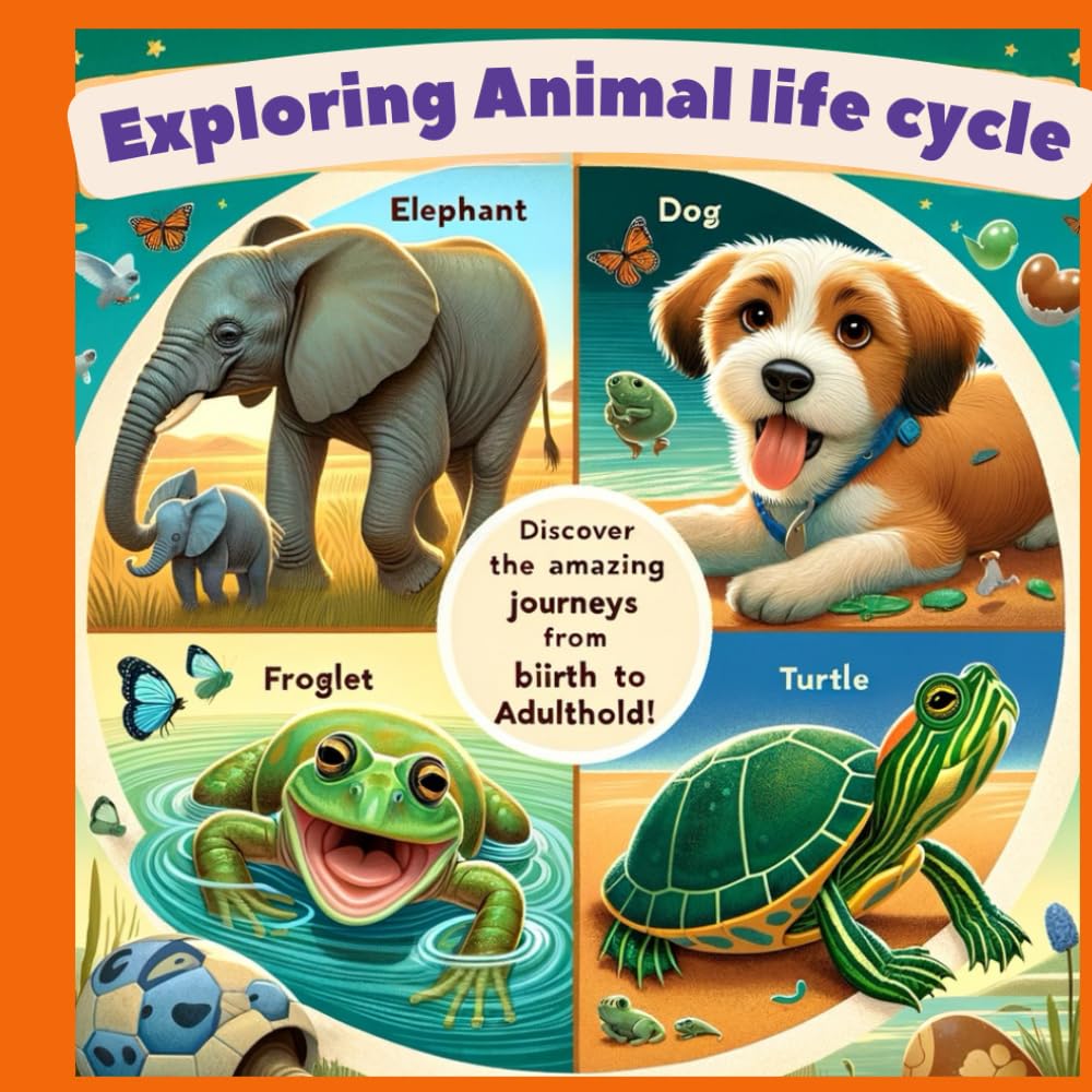 Exploring Animal life cycle: Discover the Growth Stages of Elephants, Dogs, Frogs, and Turtles with Fun Coloring Pages and Interactive Questions, Perfect for children aged 5 to 9